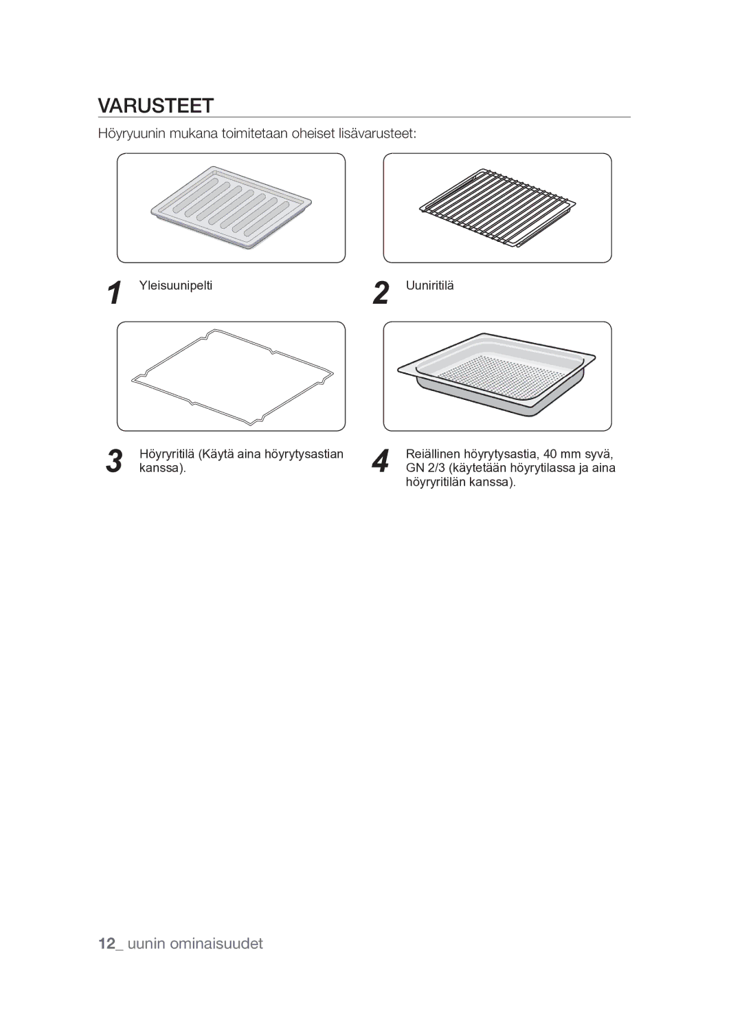 Samsung FQV313T003/XEE manual Varusteet, Höyryuunin mukana toimitetaan oheiset lisävarusteet 