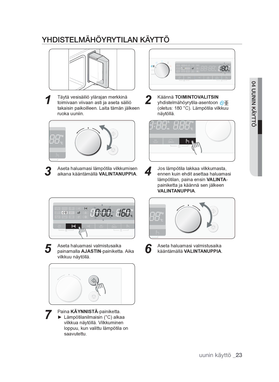 Samsung FQV313T003/XEE manual Yhdistelmähöyrytilan käyttö, Käännä Toimintovalitsin 