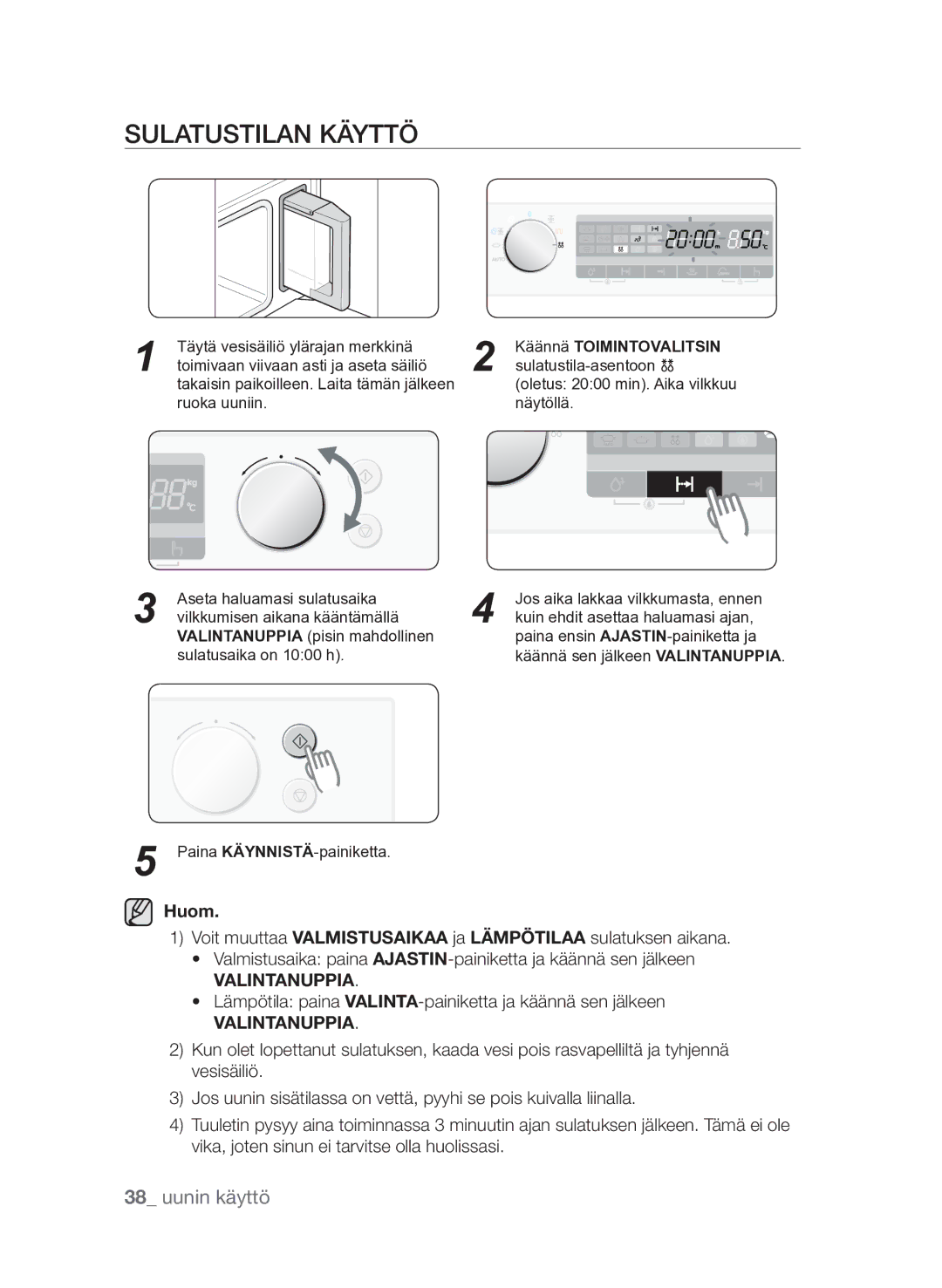 Samsung FQV313T003/XEE manual Sulatustilan käyttö, Valintanuppia pisin mahdollinen sulatusaika on 1000 h 