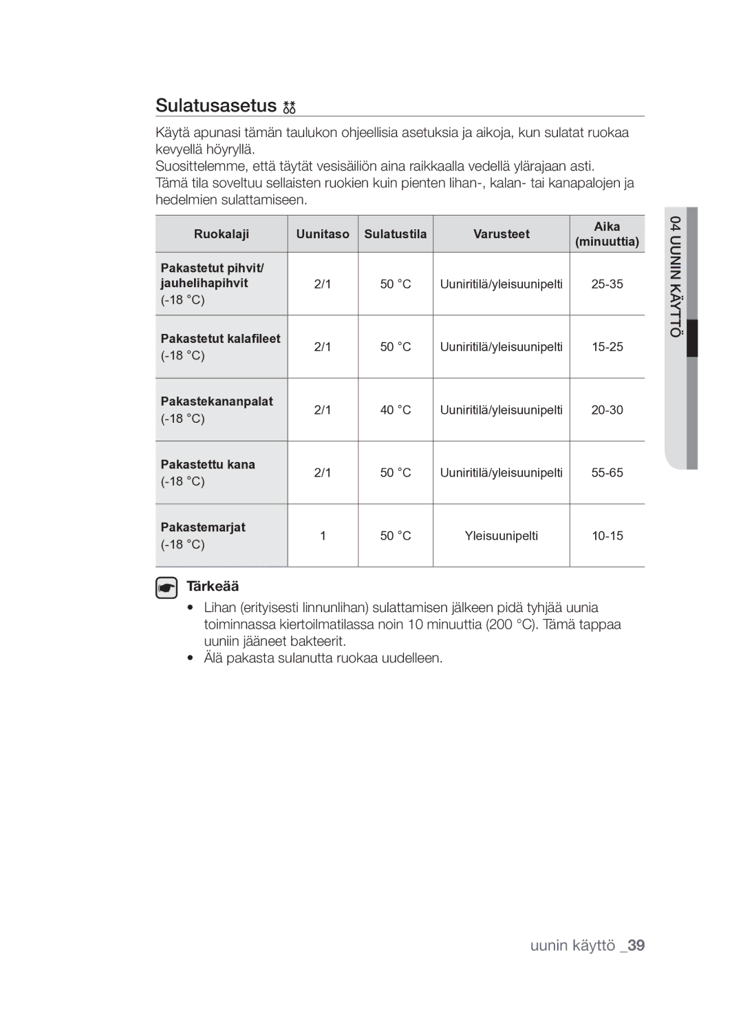 Samsung FQV313T003/XEE manual Sulatusasetus 