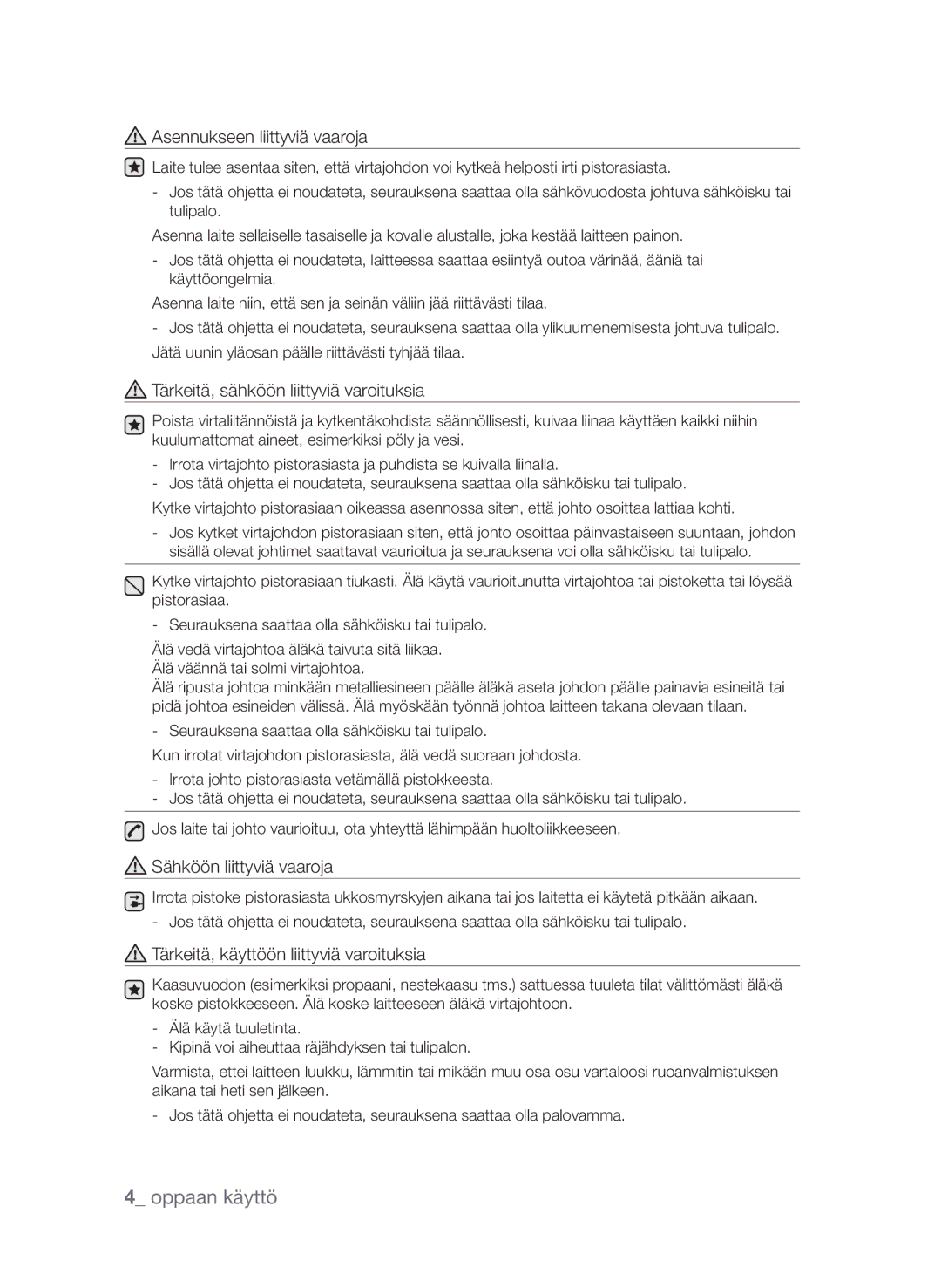 Samsung FQV313T003/XEE manual Asennukseen liittyviä vaaroja 