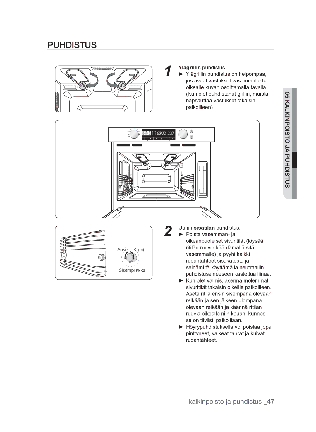 Samsung FQV313T003/XEE manual Puhdistus, Ylägrillin puhdistus on helpompaa 