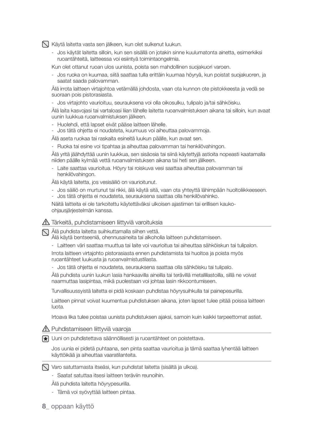 Samsung FQV313T003/XEE manual Tärkeitä, puhdistamiseen liittyviä varoituksia 