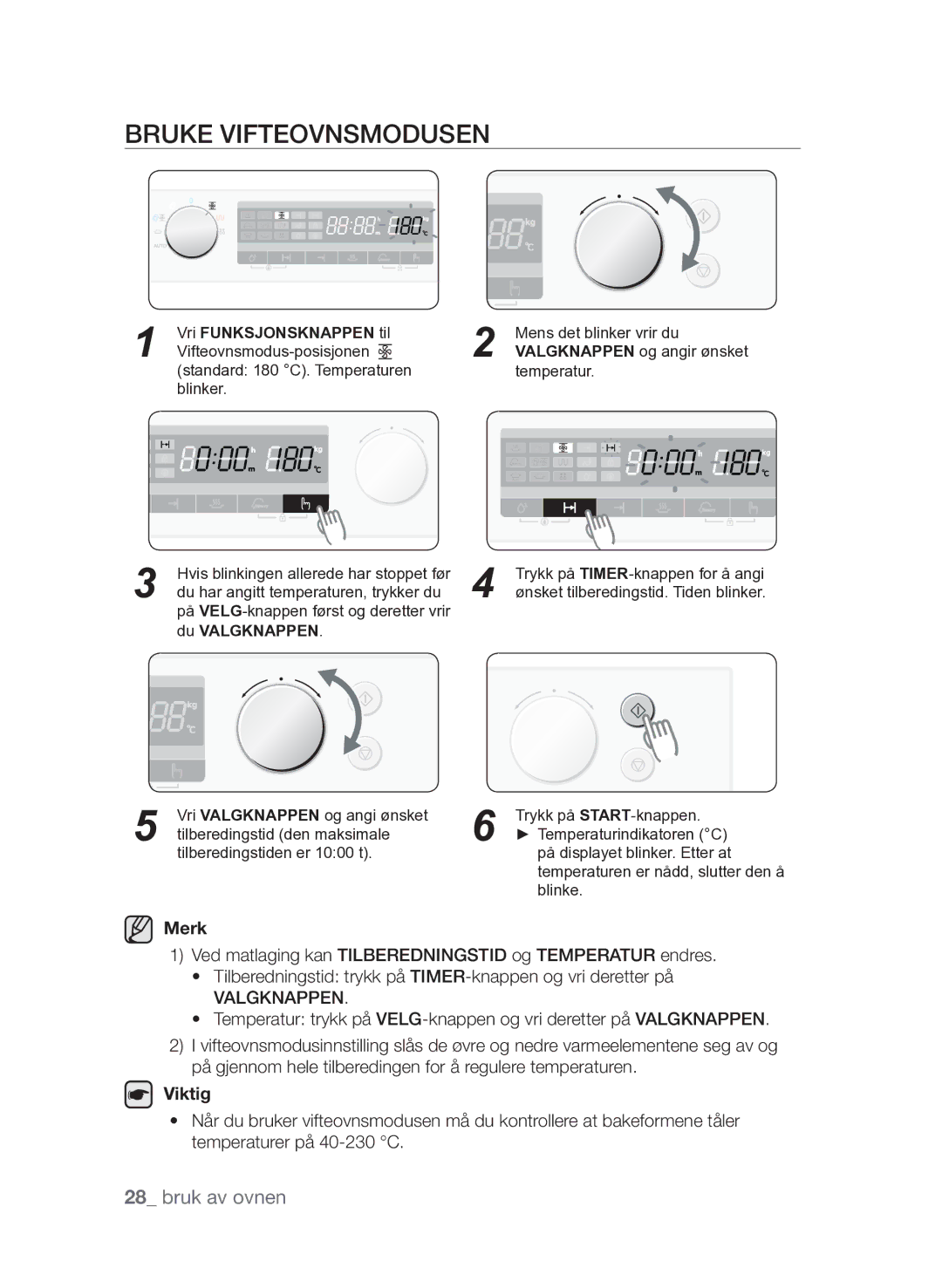 Samsung FQV313T003/XEE manual Bruke vifteovnsmodusen, Vri Funksjonsknappen til 