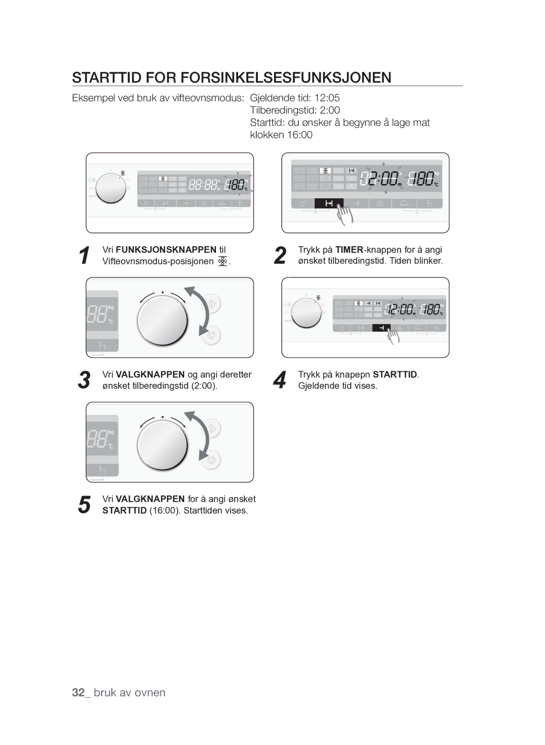 Samsung FQV313T003/XEE manual Starttid for forsinkelsesfunksjonen, Starttid du ønsker å begynne å lage mat klokken 