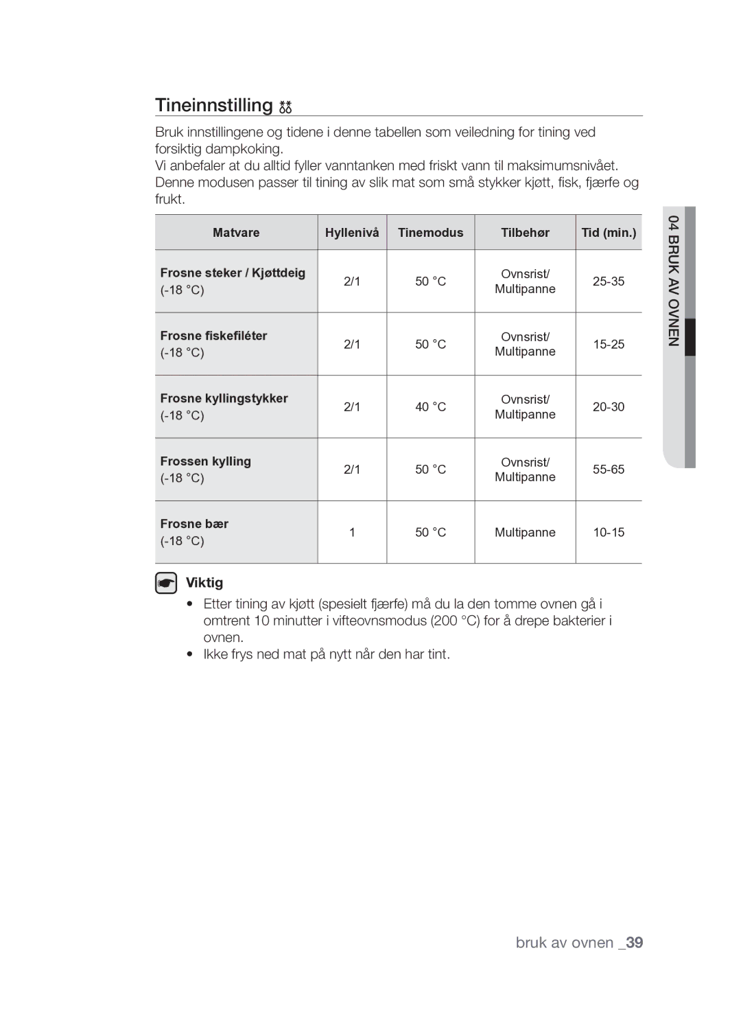 Samsung FQV313T003/XEE manual Tineinnstilling 