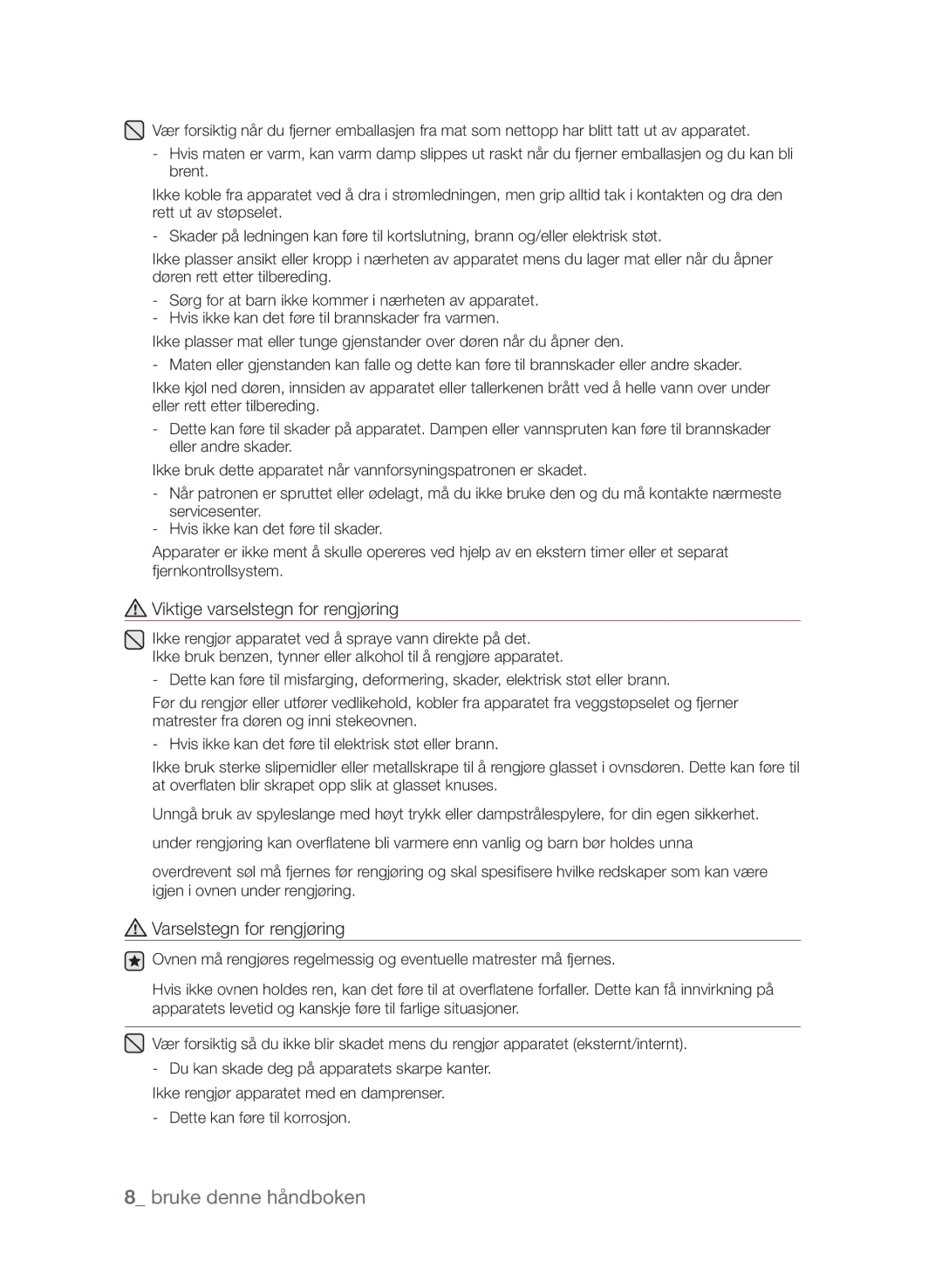 Samsung FQV313T003/XEE manual Viktige varselstegn for rengjøring, Varselstegn for rengjøring 