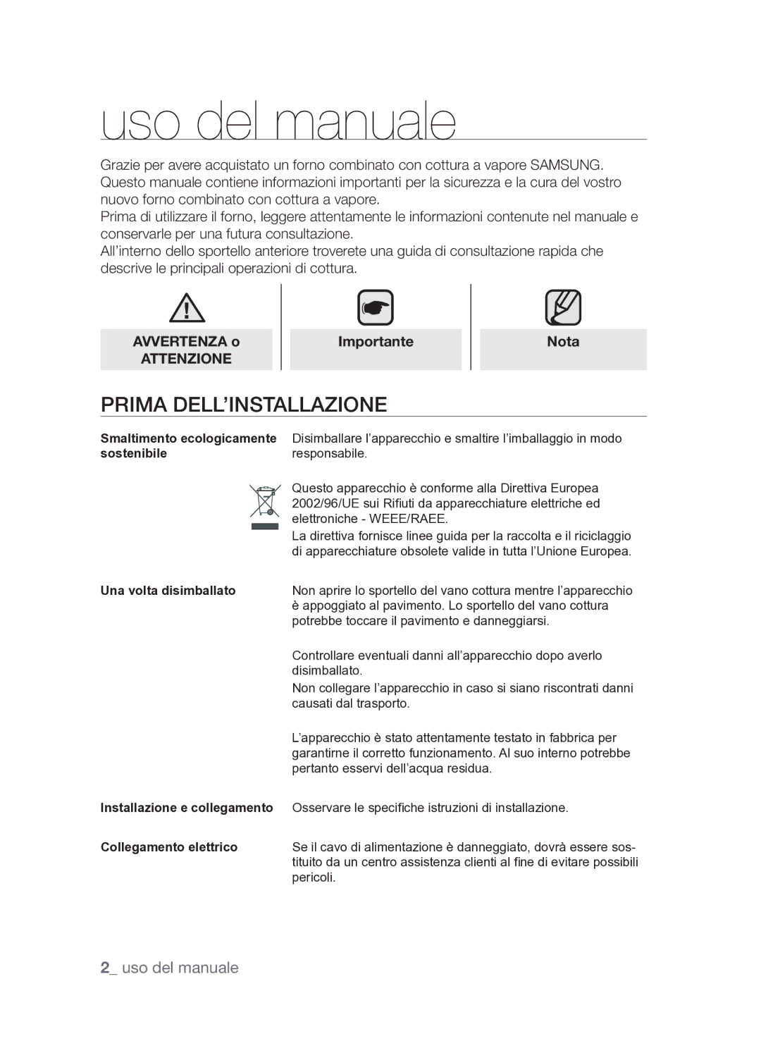 Samsung FQV313T003/XET Uso del manuale, Prima dell’installazione, Sostenibile, Una volta disimballato 