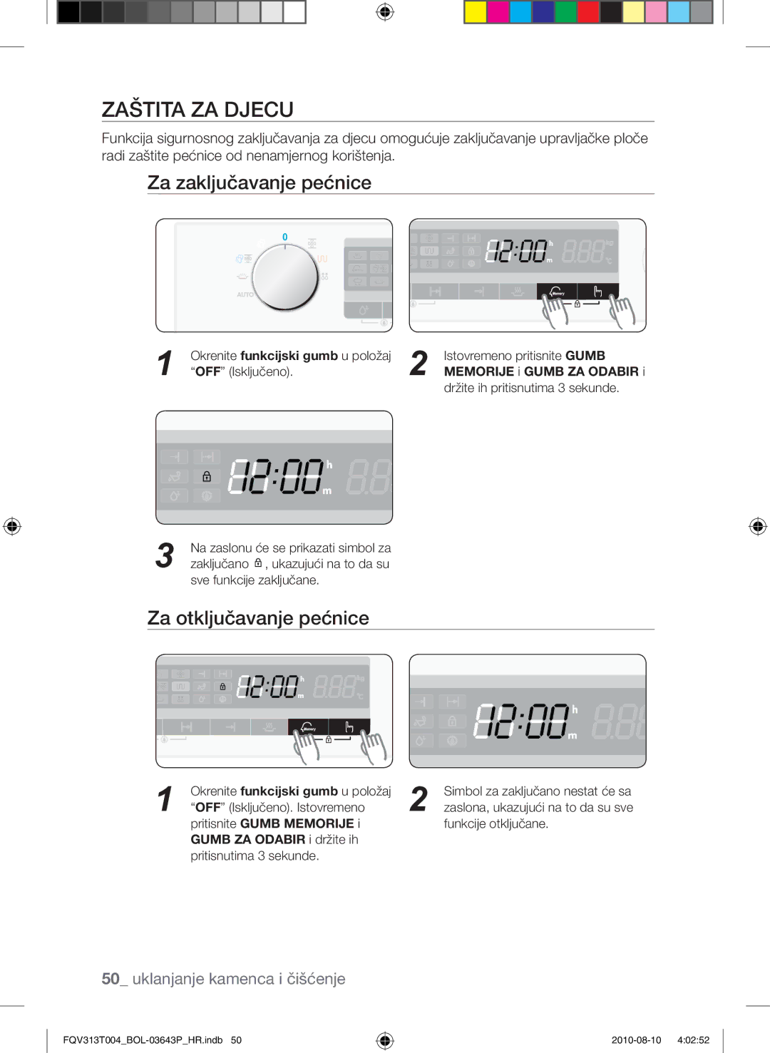 Samsung FQV313T004/BOL manual Zaštita za djecu, Za zaključavanje pećnice, Za otključavanje pećnice 