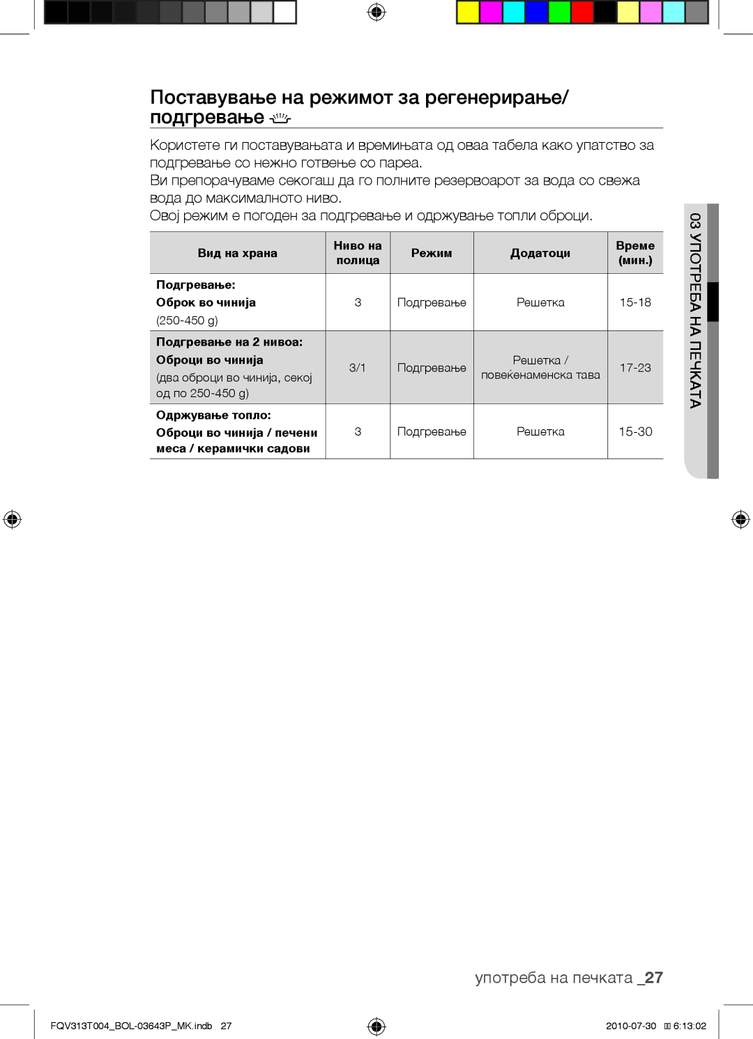 Samsung FQV313T004/BOL manual Поставување на режимот за регенерирање/ подгревање 