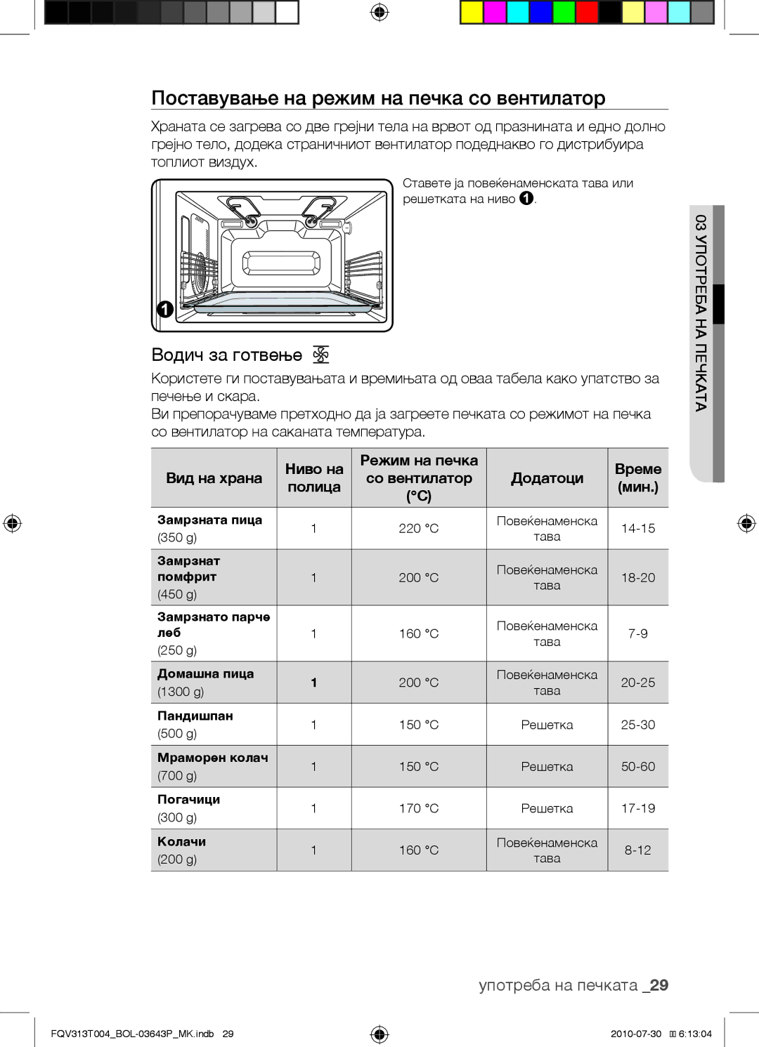 Samsung FQV313T004/BOL manual Поставување на режим на печка со вентилатор 