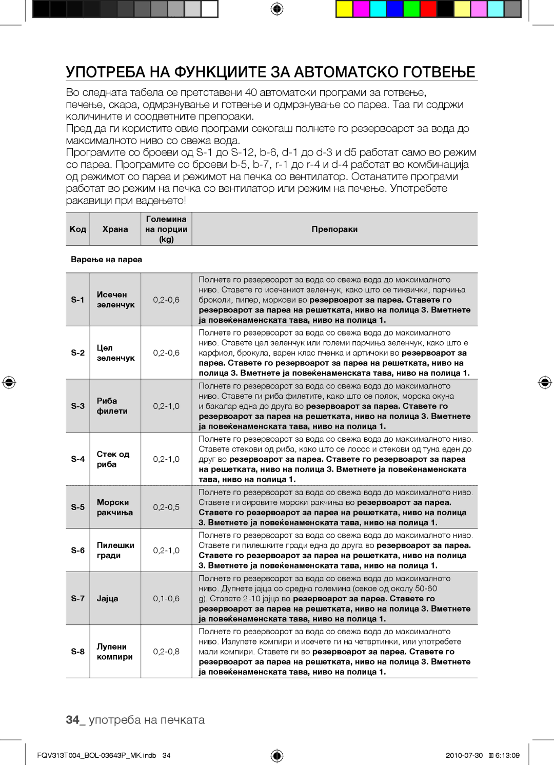 Samsung FQV313T004/BOL manual Употреба на функциите за автоматско готвење, 34 употреба на печката 