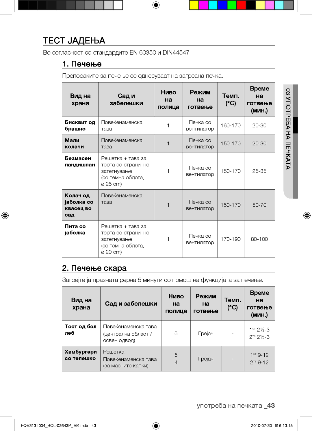 Samsung FQV313T004/BOL manual Тест јадења, Печење скара, Во согласност со стандардите EN 60350 и DIN44547 