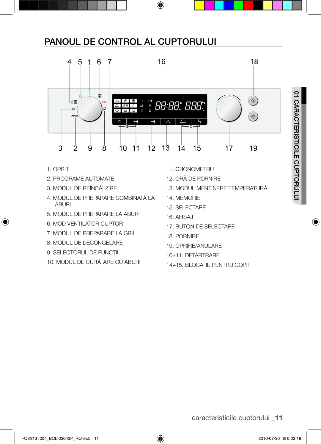 Samsung FQV313T004/BOL manual Panoul de control al cuptorului, Caracteristici uil ruotp cu 