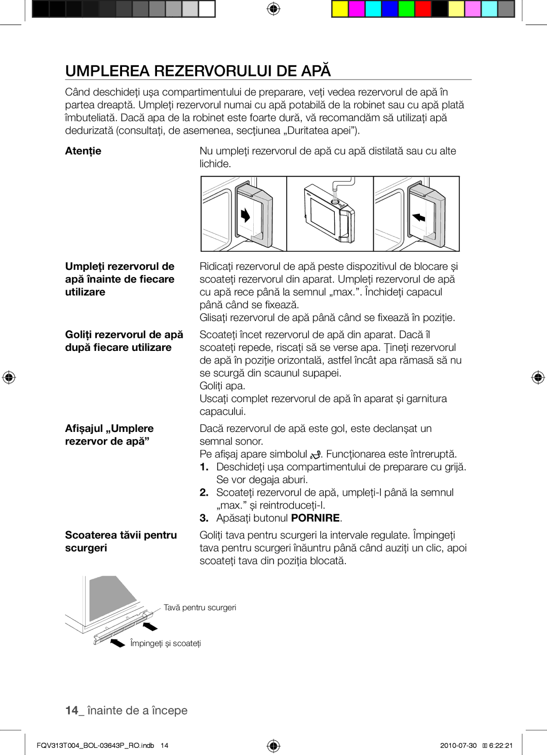 Samsung FQV313T004/BOL manual Umplerea rezervorului de apă, 14 înainte de a începe, Atenţie, Lichide 