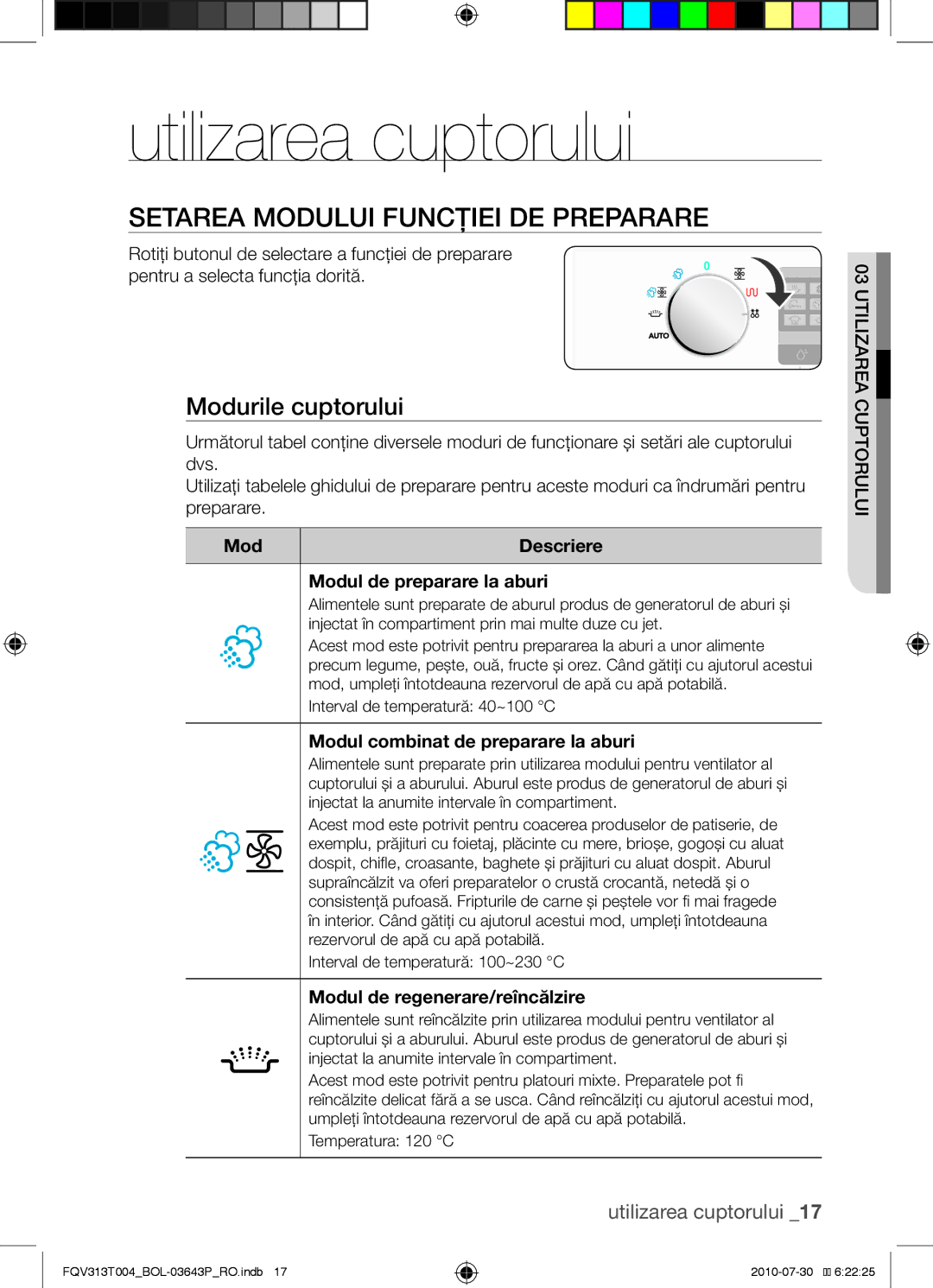 Samsung FQV313T004/BOL manual Utilizarea cuptorului, Setarea modului funcţiei de preparare, Modurile cuptorului 