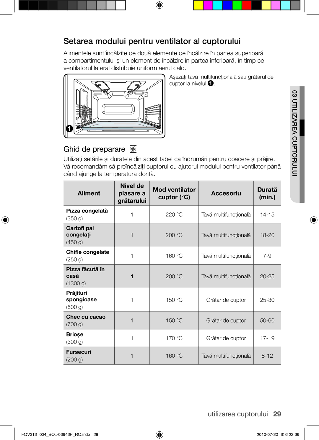 Samsung FQV313T004/BOL Setarea modului pentru ventilator al cuptorului, Nivel de Mod ventilator Durată Aliment, Accesoriu 