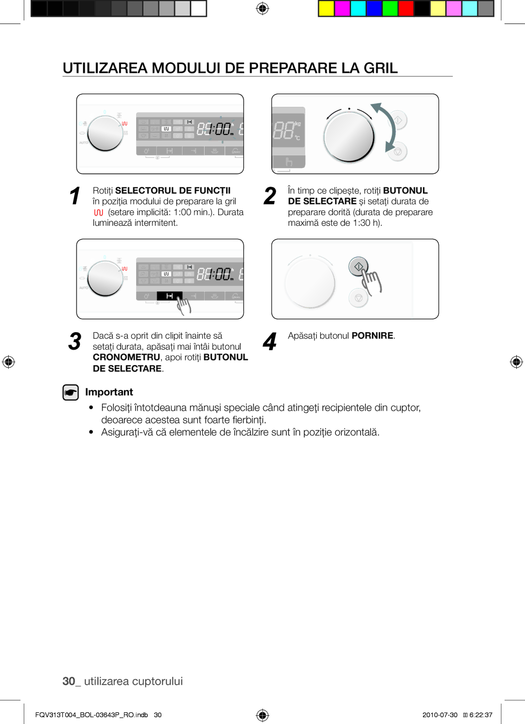 Samsung FQV313T004/BOL manual Utilizarea modului de preparare la gril, În timp ce clipeşte, rotiţi Butonul 