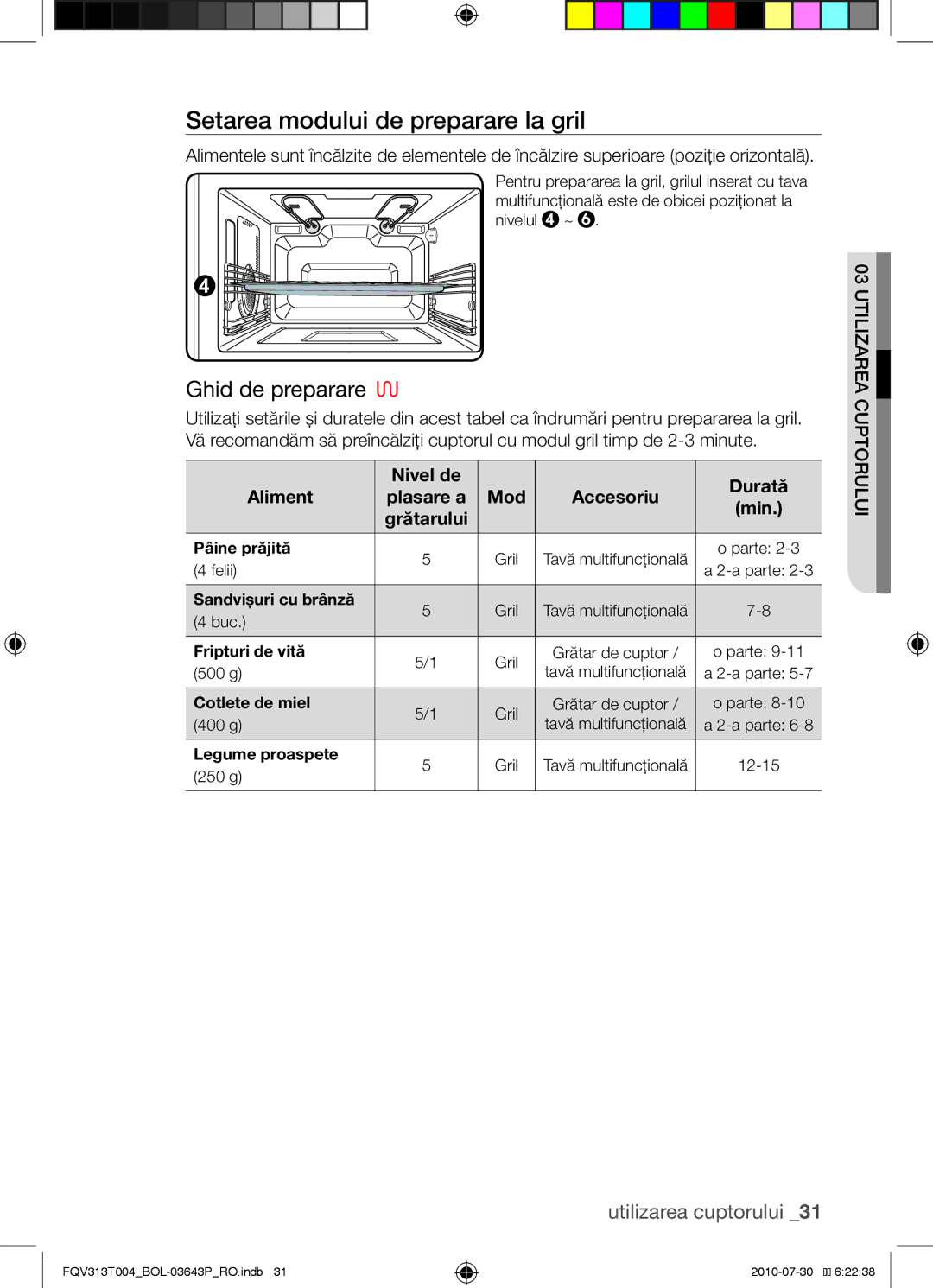 Samsung FQV313T004/BOL manual Setarea modului de preparare la gril, Nivel de Durată Aliment, Mod Accesoriu 