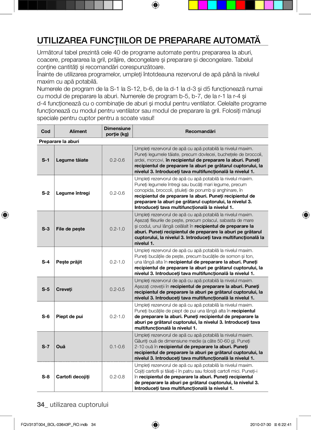 Samsung FQV313T004/BOL manual Utilizarea funcţiilor de preparare automată 