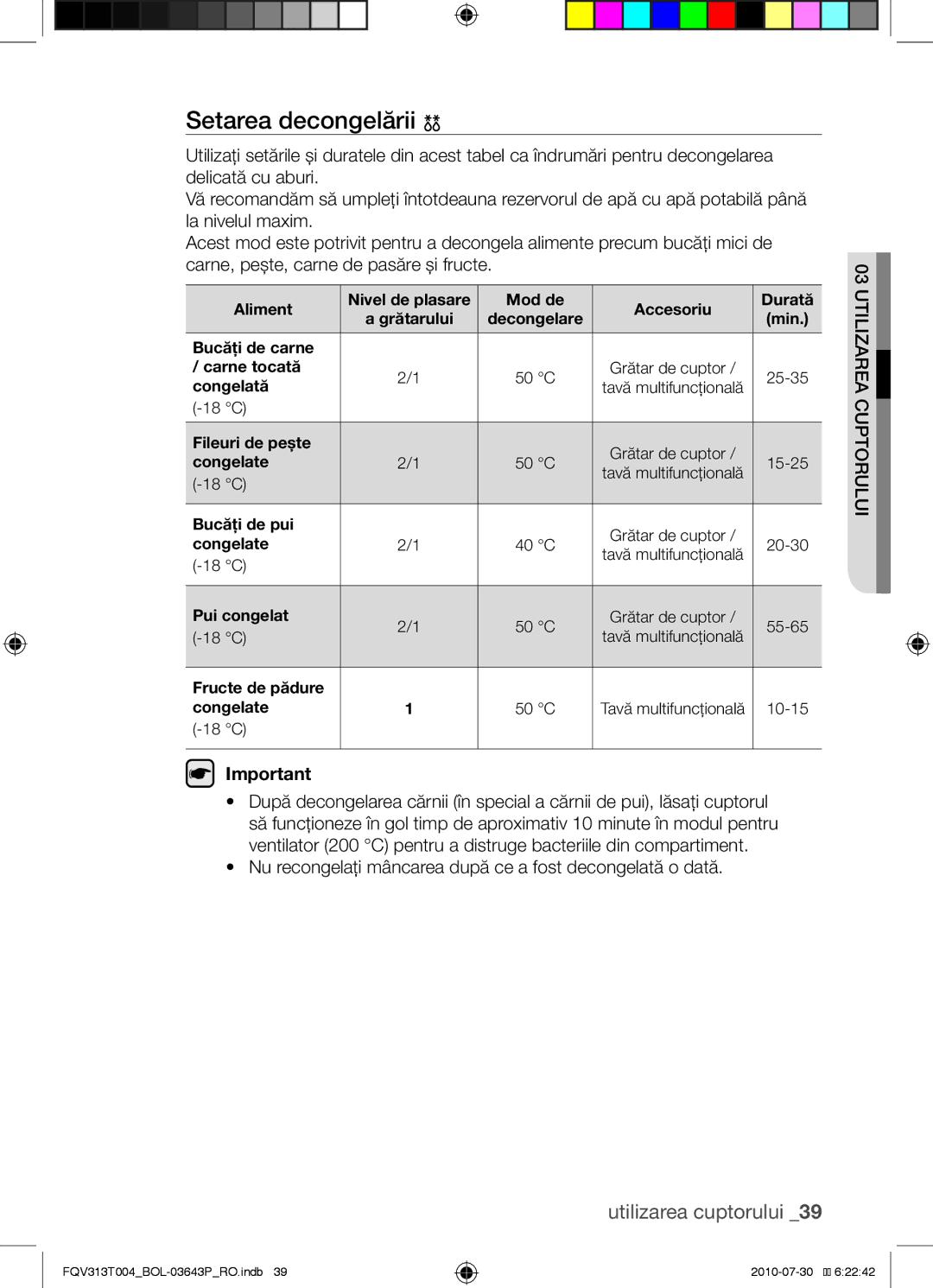 Samsung FQV313T004/BOL manual Setarea decongelării 