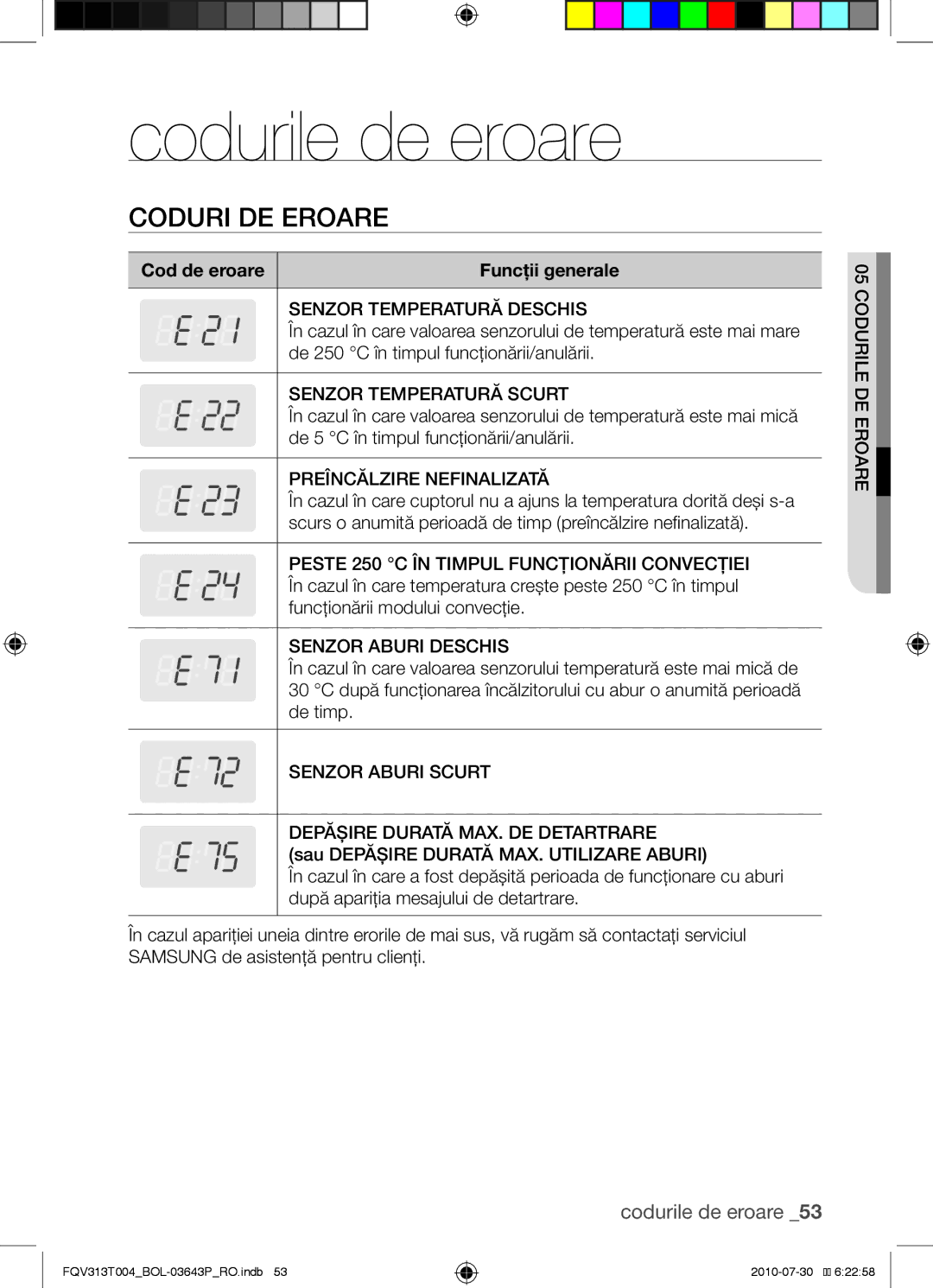 Samsung FQV313T004/BOL manual Codurile de eroare, Coduri de eroare, Cod de eroare Funcţii generale 