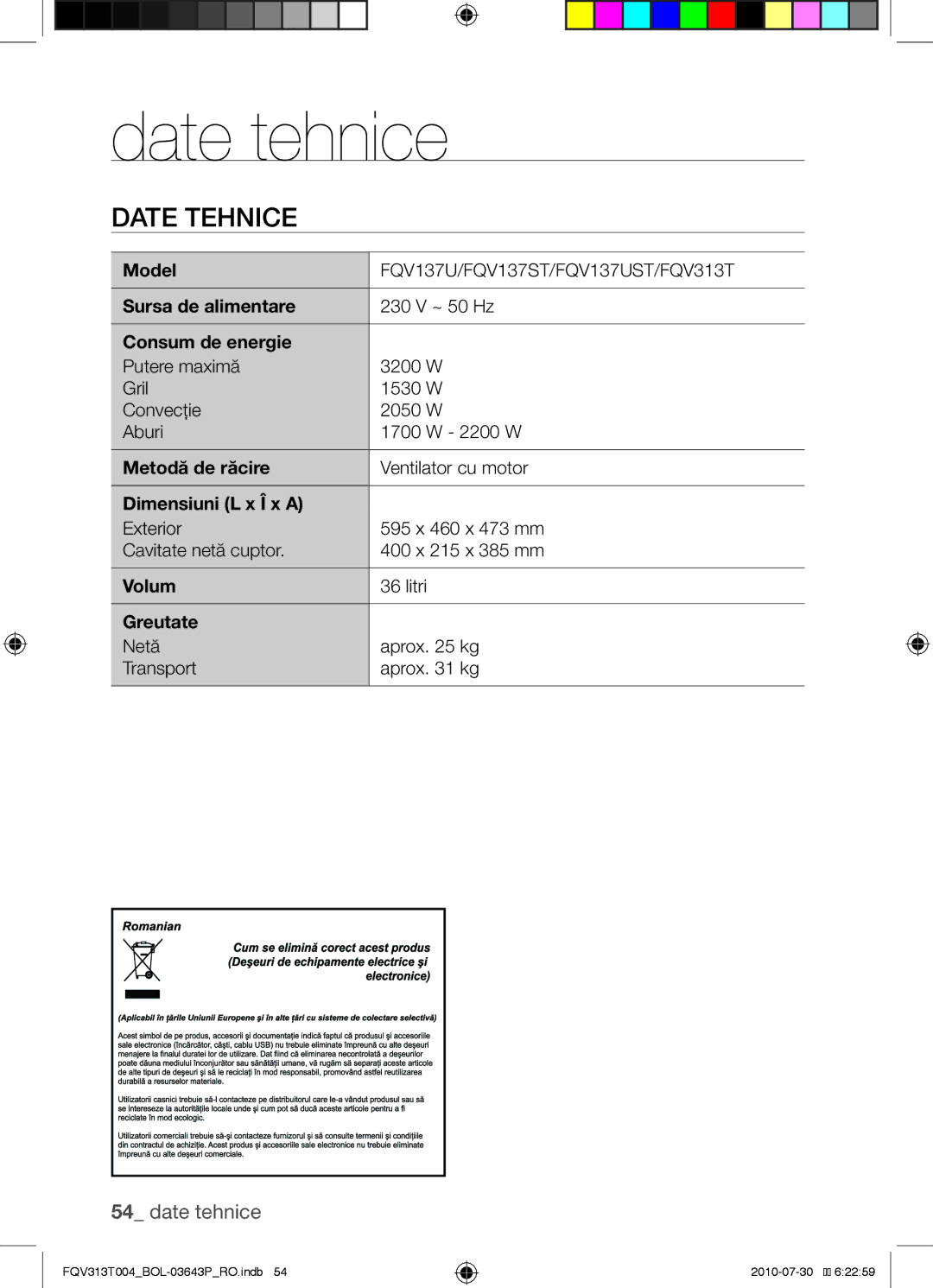 Samsung FQV313T004/BOL manual Date tehnice 