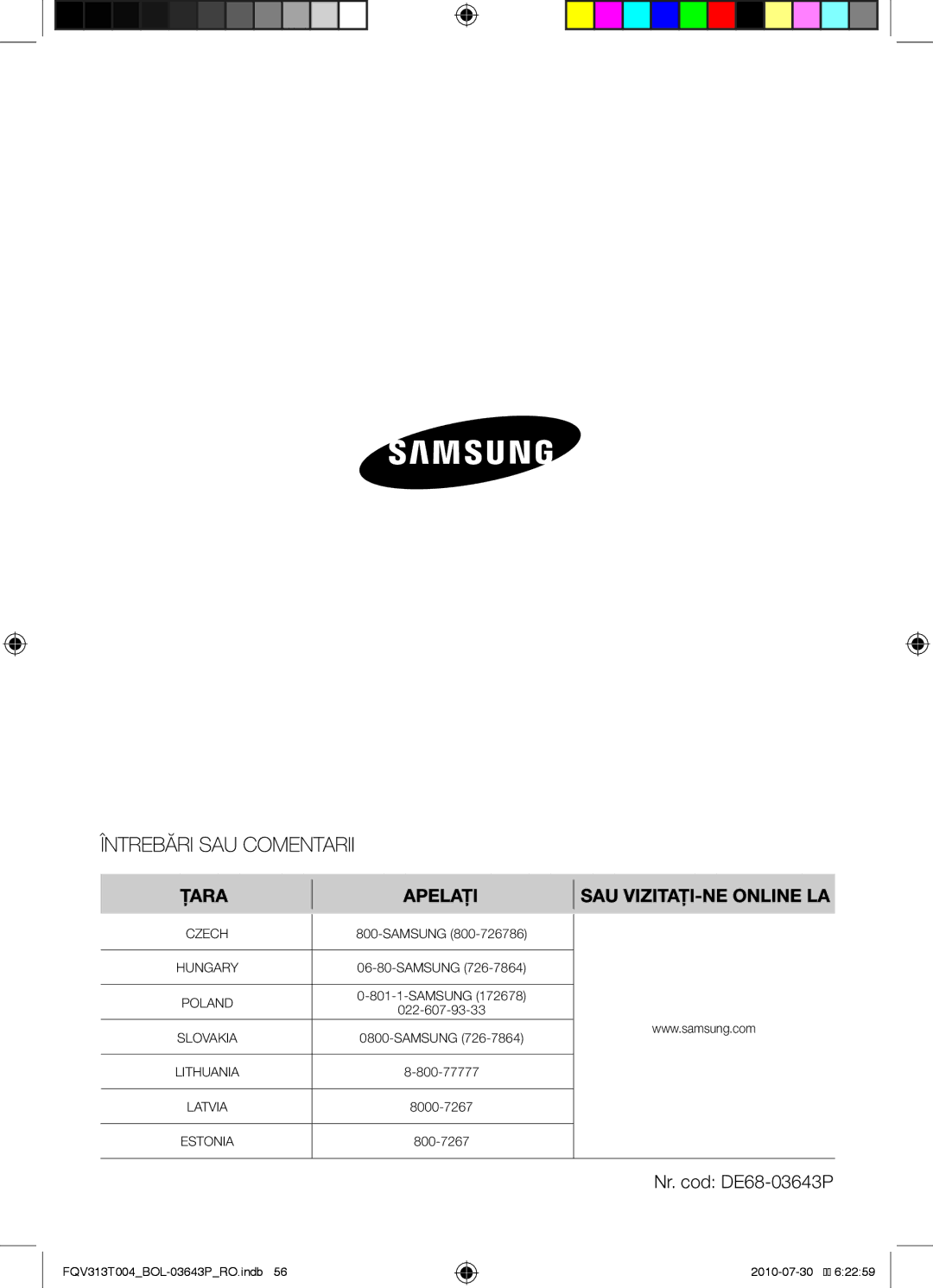 Samsung FQV313T004/BOL manual Nr. cod DE68-03643P 