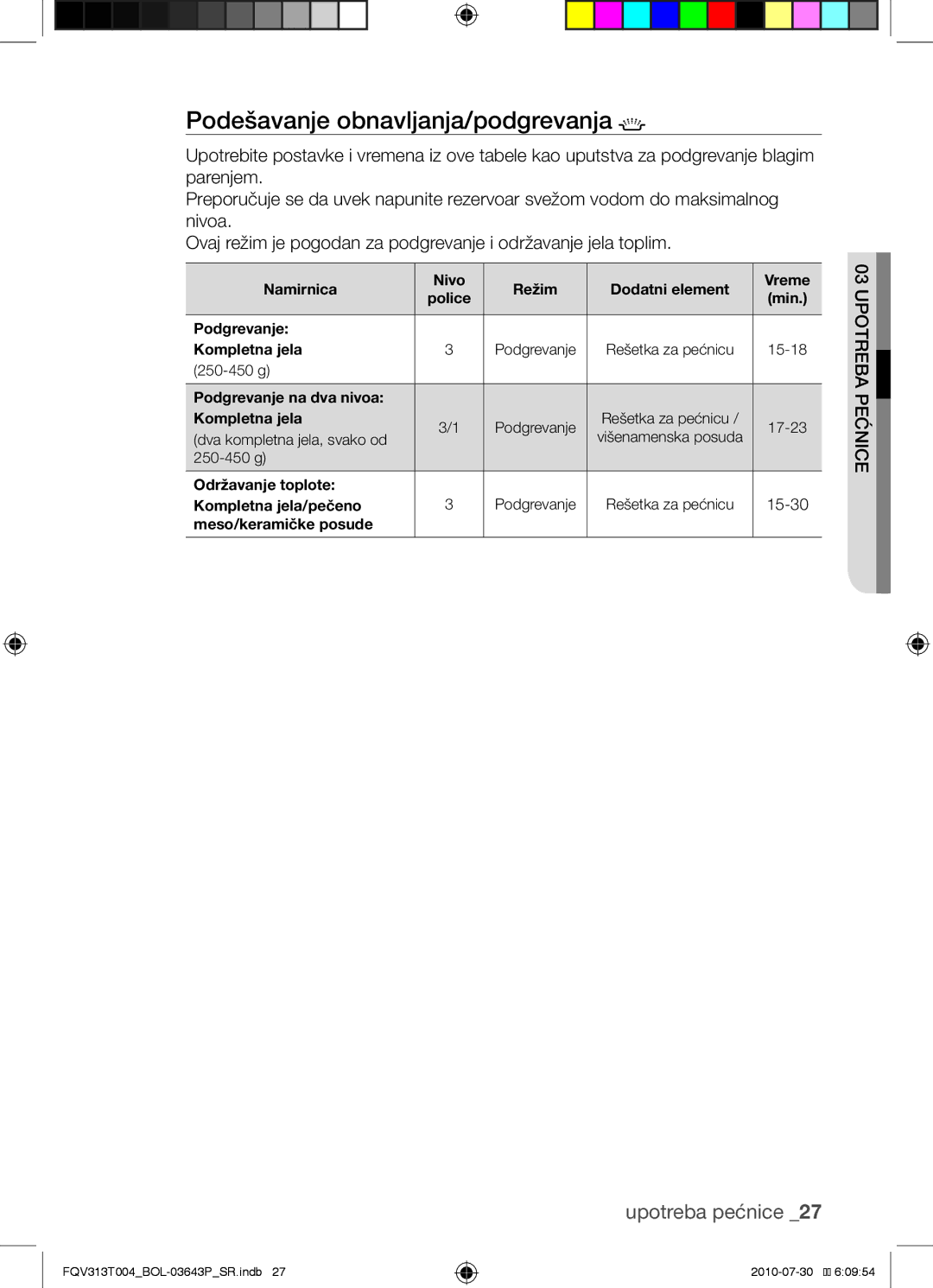 Samsung FQV313T004/BOL manual Podešavanje obnavljanja/podgrevanja 