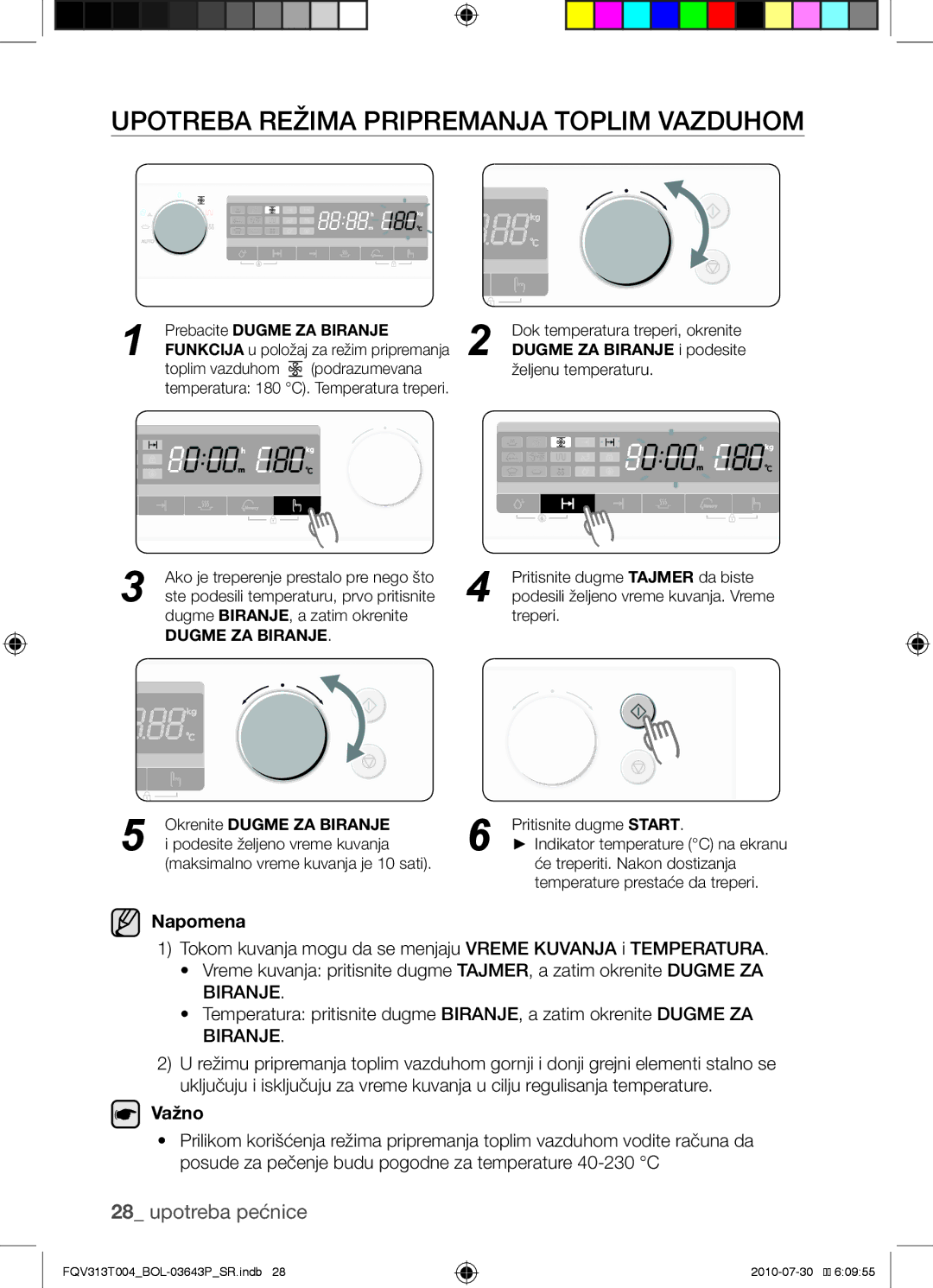 Samsung FQV313T004/BOL manual Upotreba režima pripremanja toplim vazduhom, Okrenite Dugme ZA Biranje 