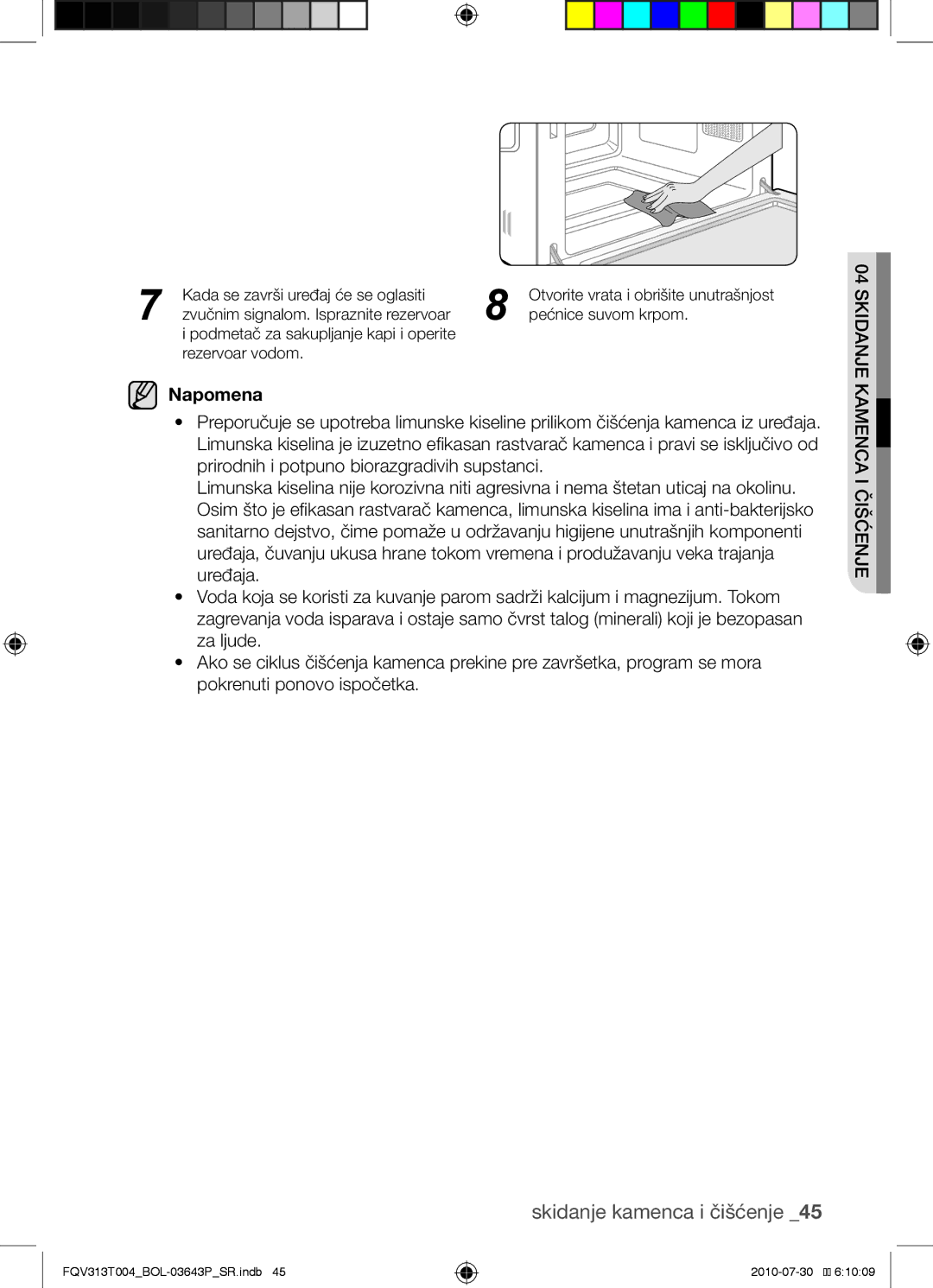 Samsung FQV313T004/BOL manual Napomena, Ca ien kamčišć anjeid k 04 S 