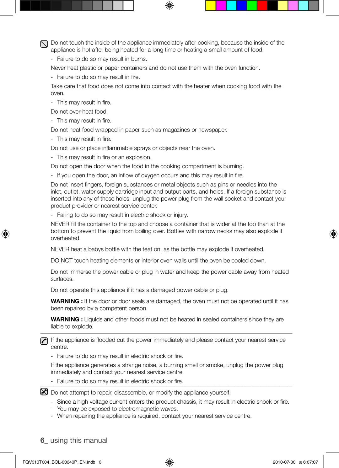 Samsung FQV313T004/BOL manual This may result in fire. Do not over-heat food 