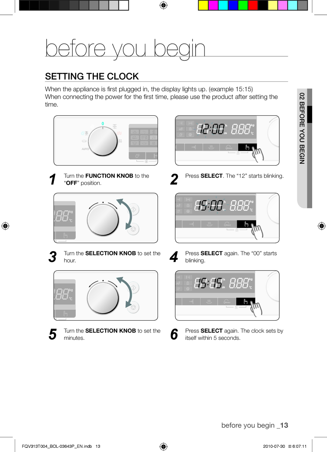 Samsung FQV313T004/BOL manual Before you begin, Setting the clock 