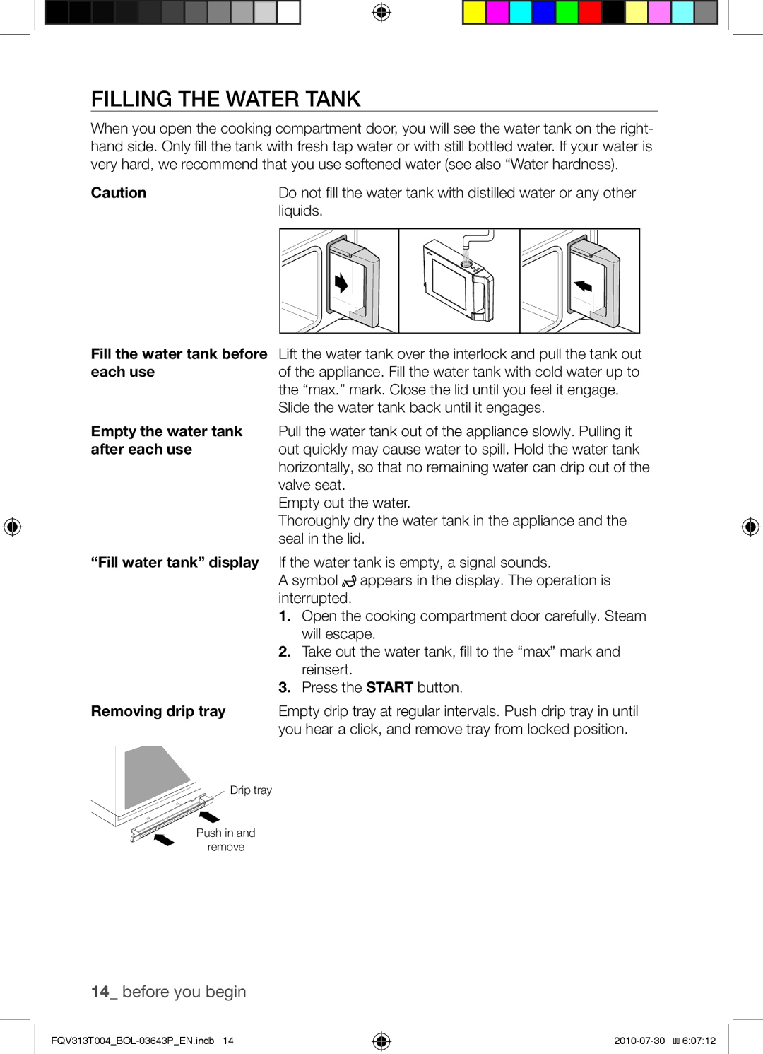 Samsung FQV313T004/BOL manual Filling the water tank, Empty the water tank, After each use, Fill water tank display 