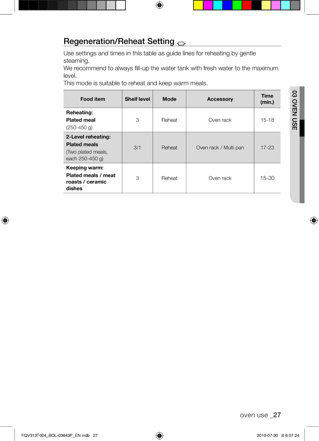 Samsung FQV313T004/BOL manual Regeneration/Reheat Setting, 15-30 