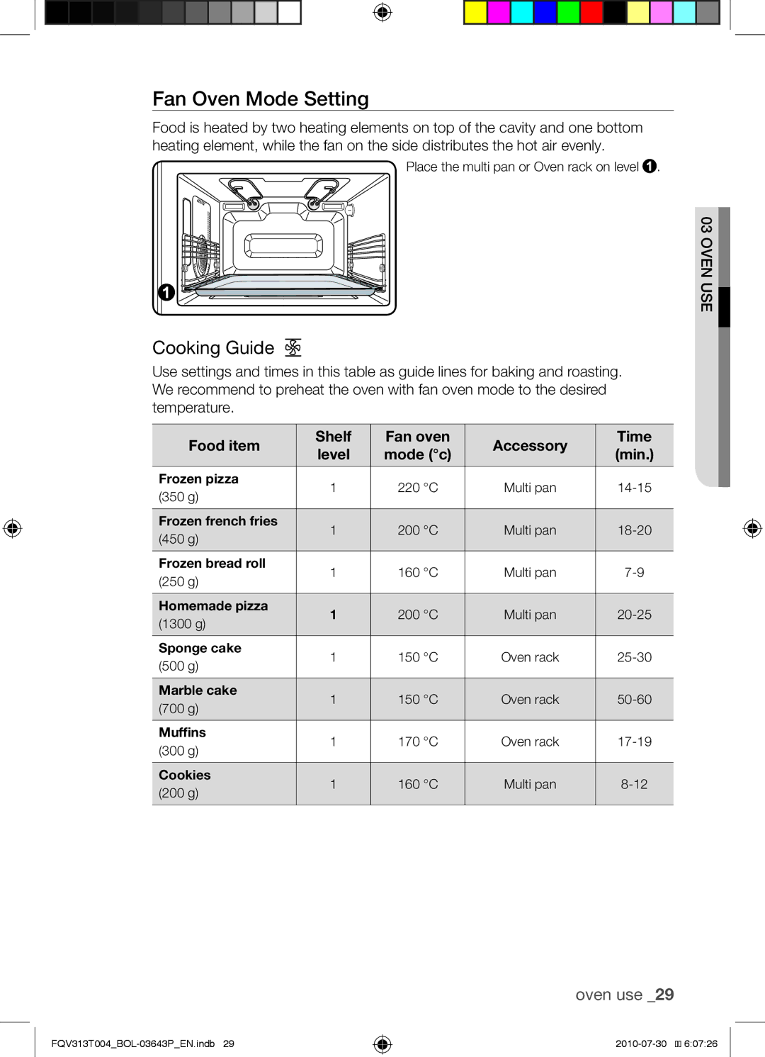 Samsung FQV313T004/BOL manual Fan Oven Mode Setting, Food item Shelf Fan oven Accessory Time Level 