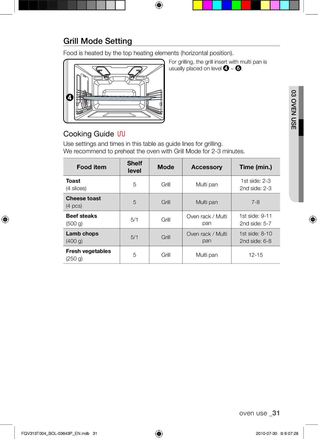 Samsung FQV313T004/BOL manual Grill Mode Setting, Food item Shelf Mode Accessory Time min Level 