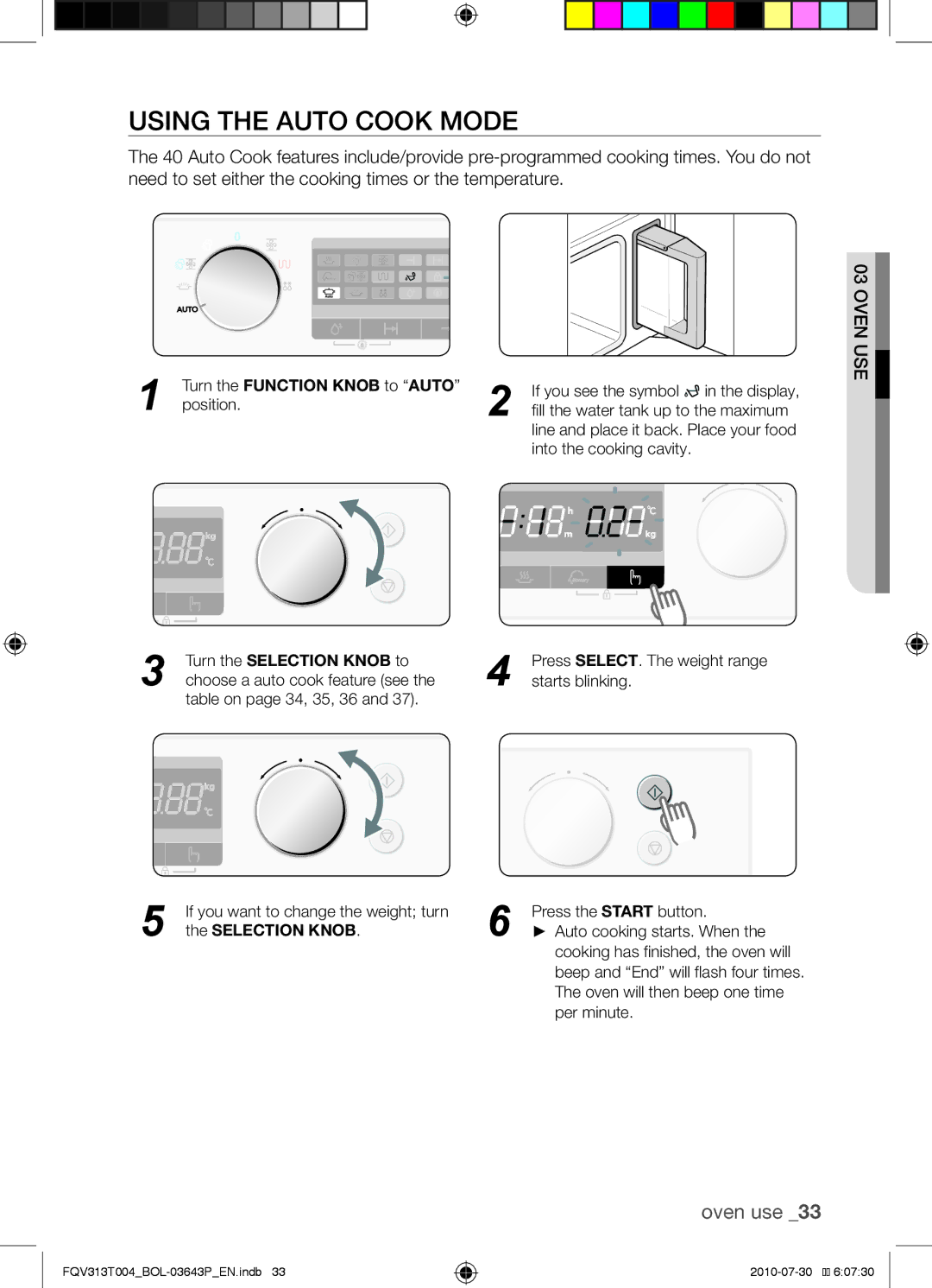 Samsung FQV313T004/BOL manual Using the auto cook mode, Turn the Function Knob to Auto, Turn the Selection Knob to 