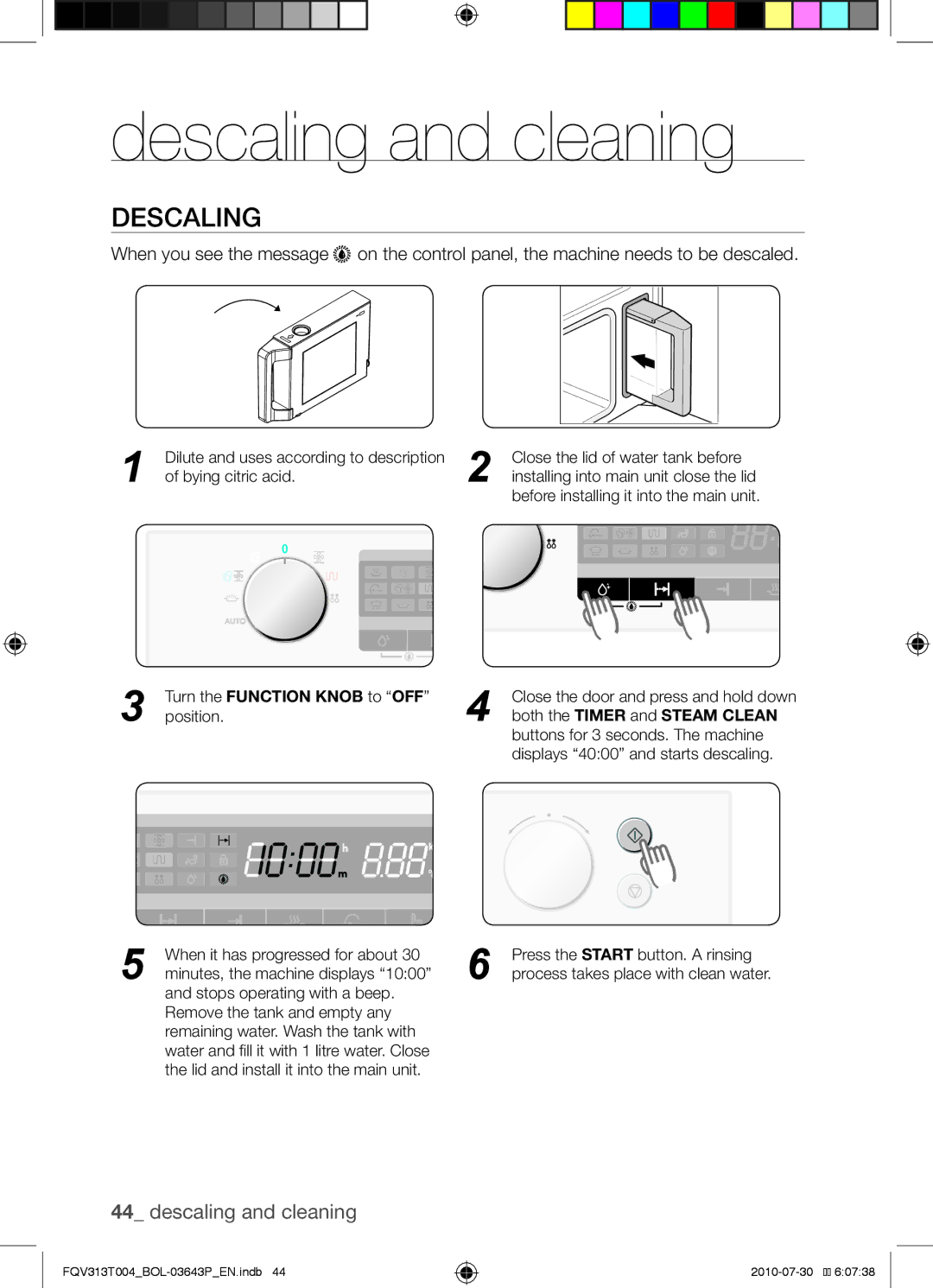 Samsung FQV313T004/BOL manual Descaling and cleaning 