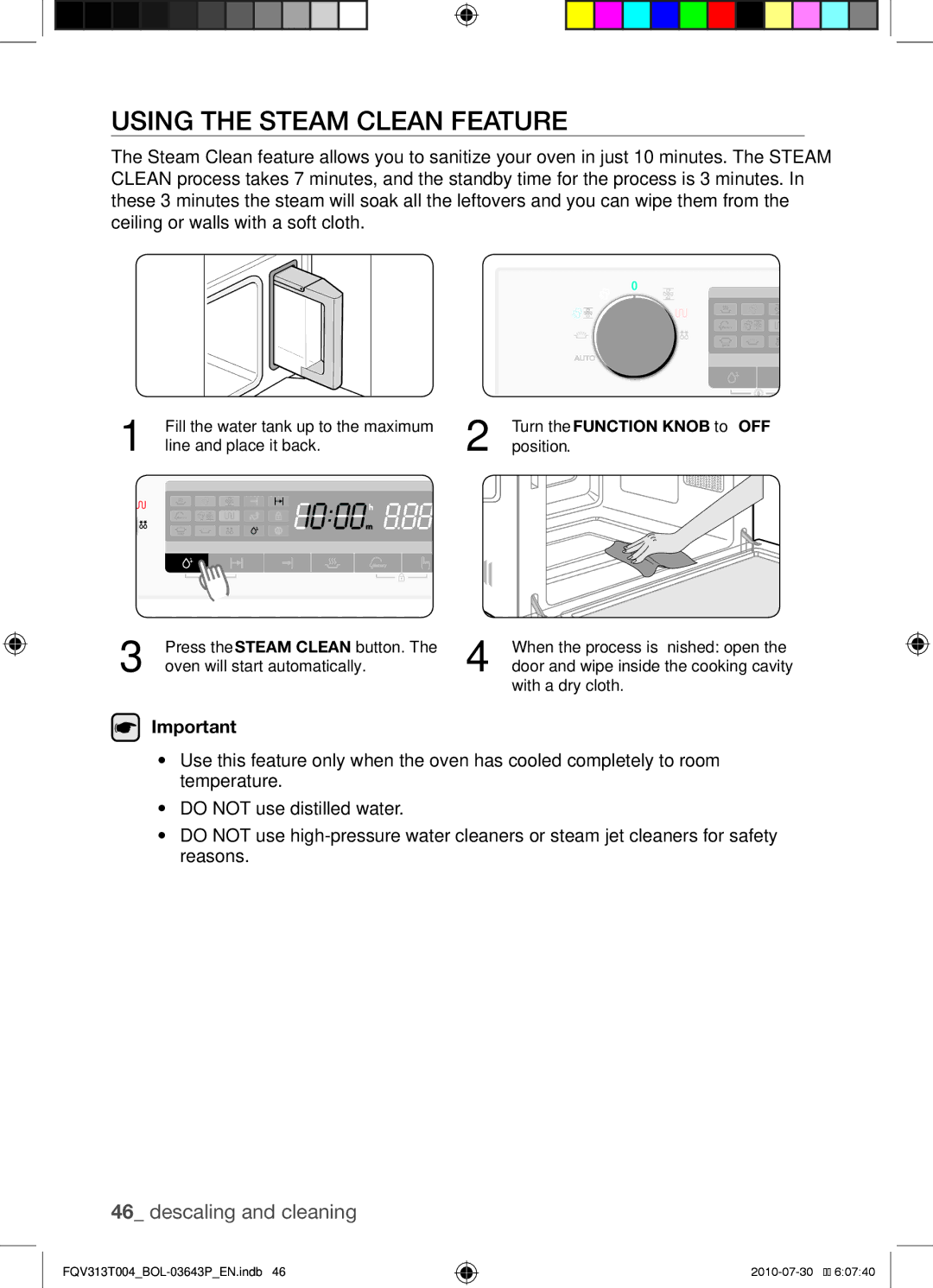 Samsung FQV313T004/BOL manual Using the steam clean feature, Turn the Function Knob to OFF 