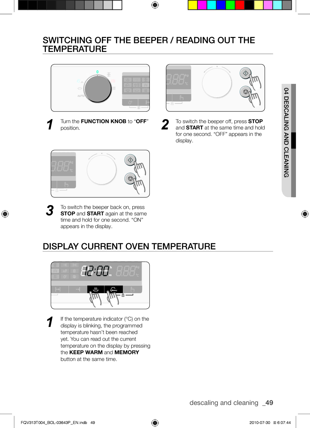 Samsung FQV313T004/BOL manual Switching off the beeper / reading out the temperature, Display current oven temperature 