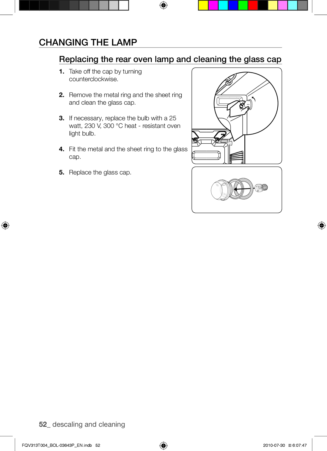 Samsung FQV313T004/BOL manual Changing the lamp, Replacing the rear oven lamp and cleaning the glass cap 