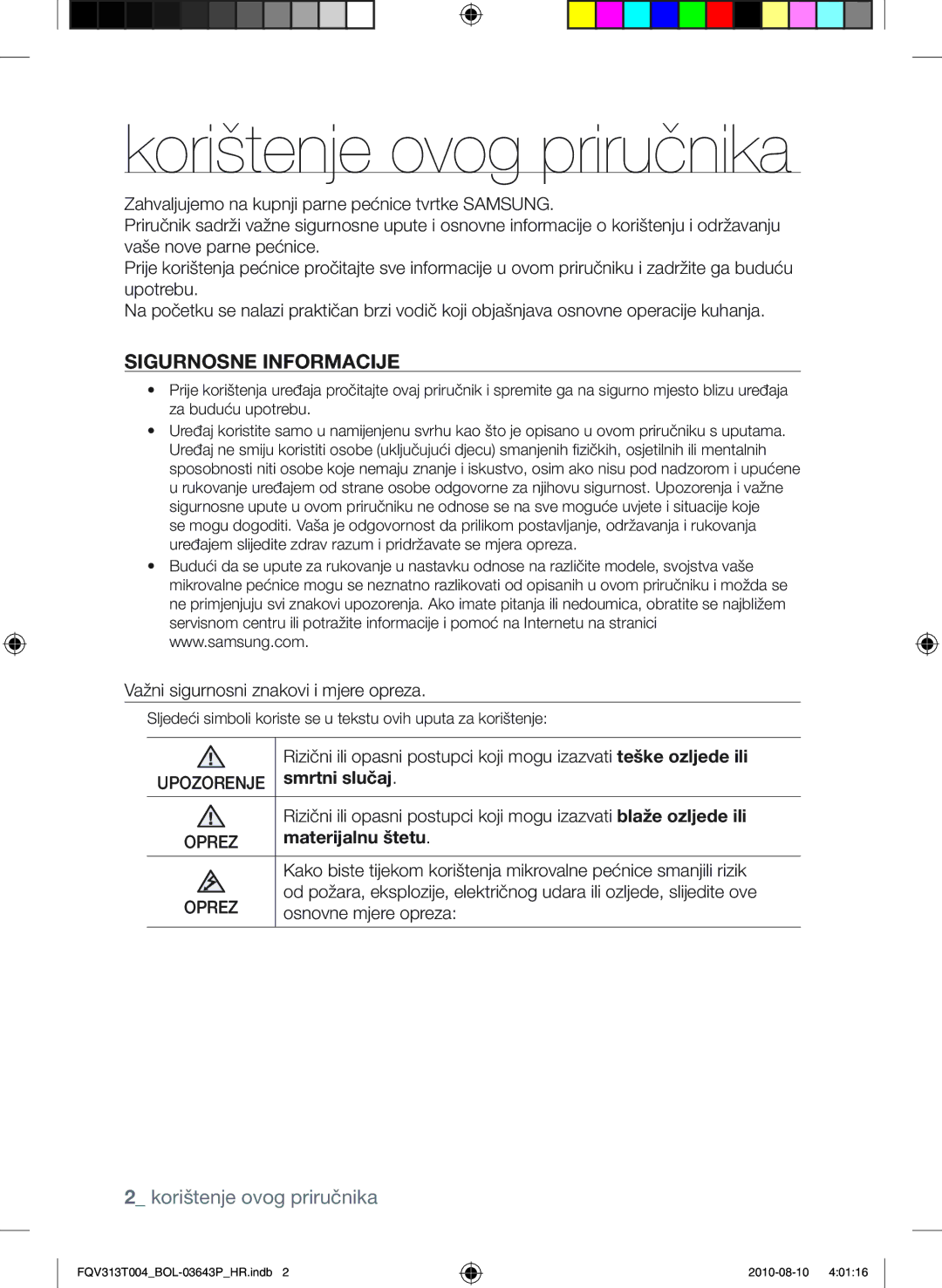 Samsung FQV313T004/BOL manual Korištenje ovog priručnika, Smrtni slučaj, Materijalnu štetu 