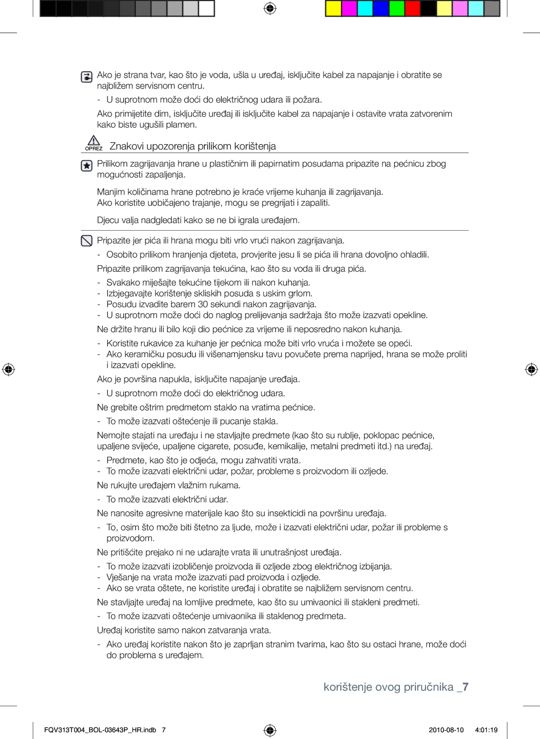 Samsung FQV313T004/BOL manual Oprez Znakovi upozorenja prilikom korištenja 