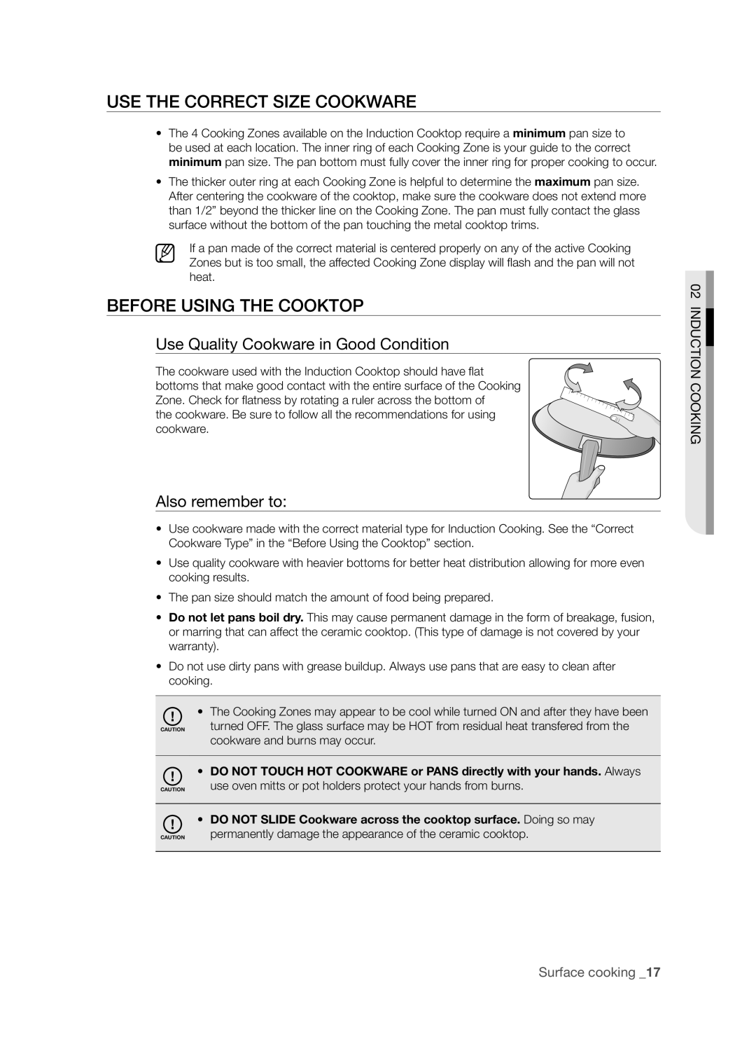 Samsung FTQ307 user manual Before Using the Cooktop, Use Quality Cookware in Good Condition, Also remember to 