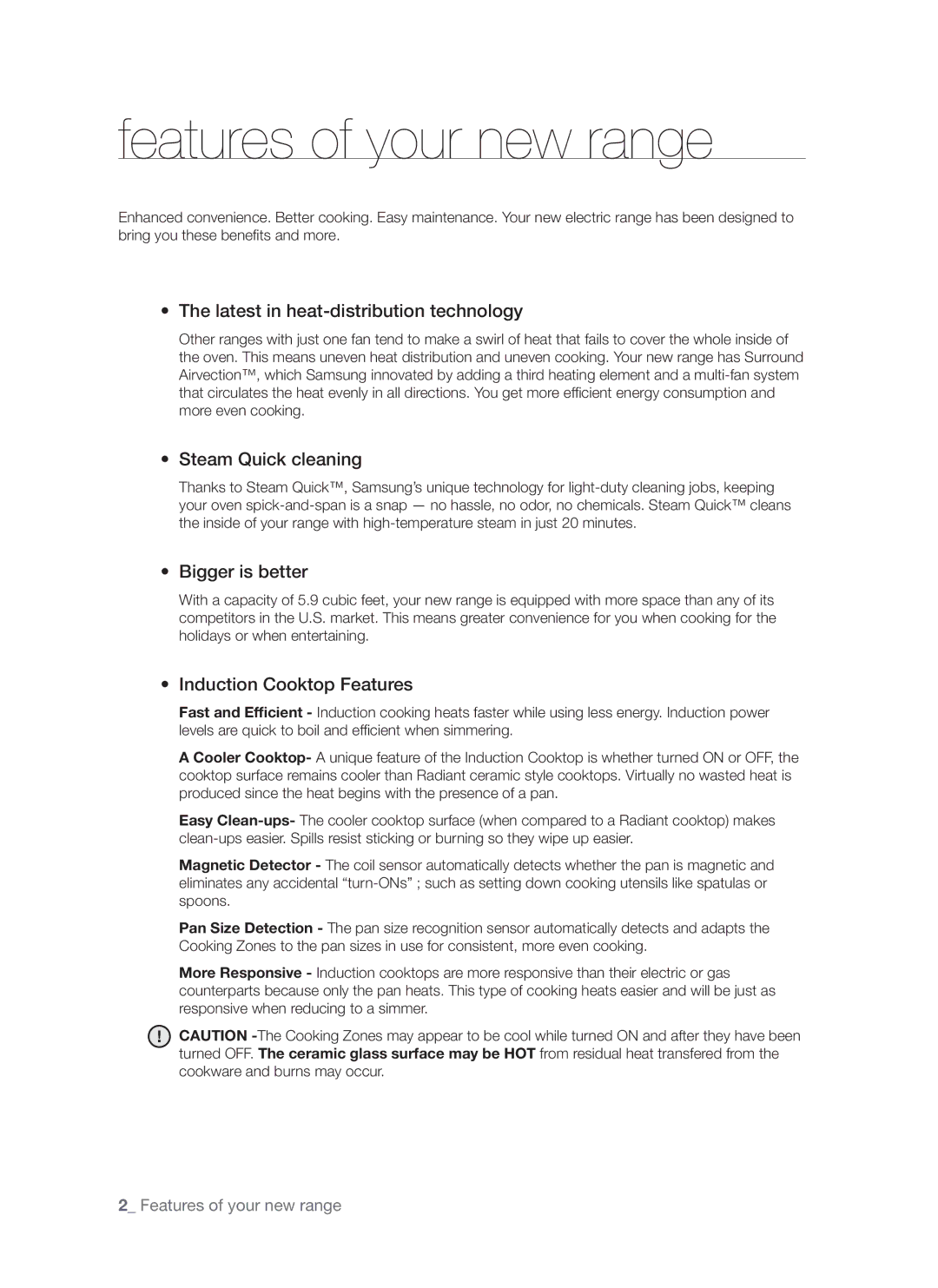 Samsung FTQ307 user manual Features of your new range, Latest in heat-distribution technology 