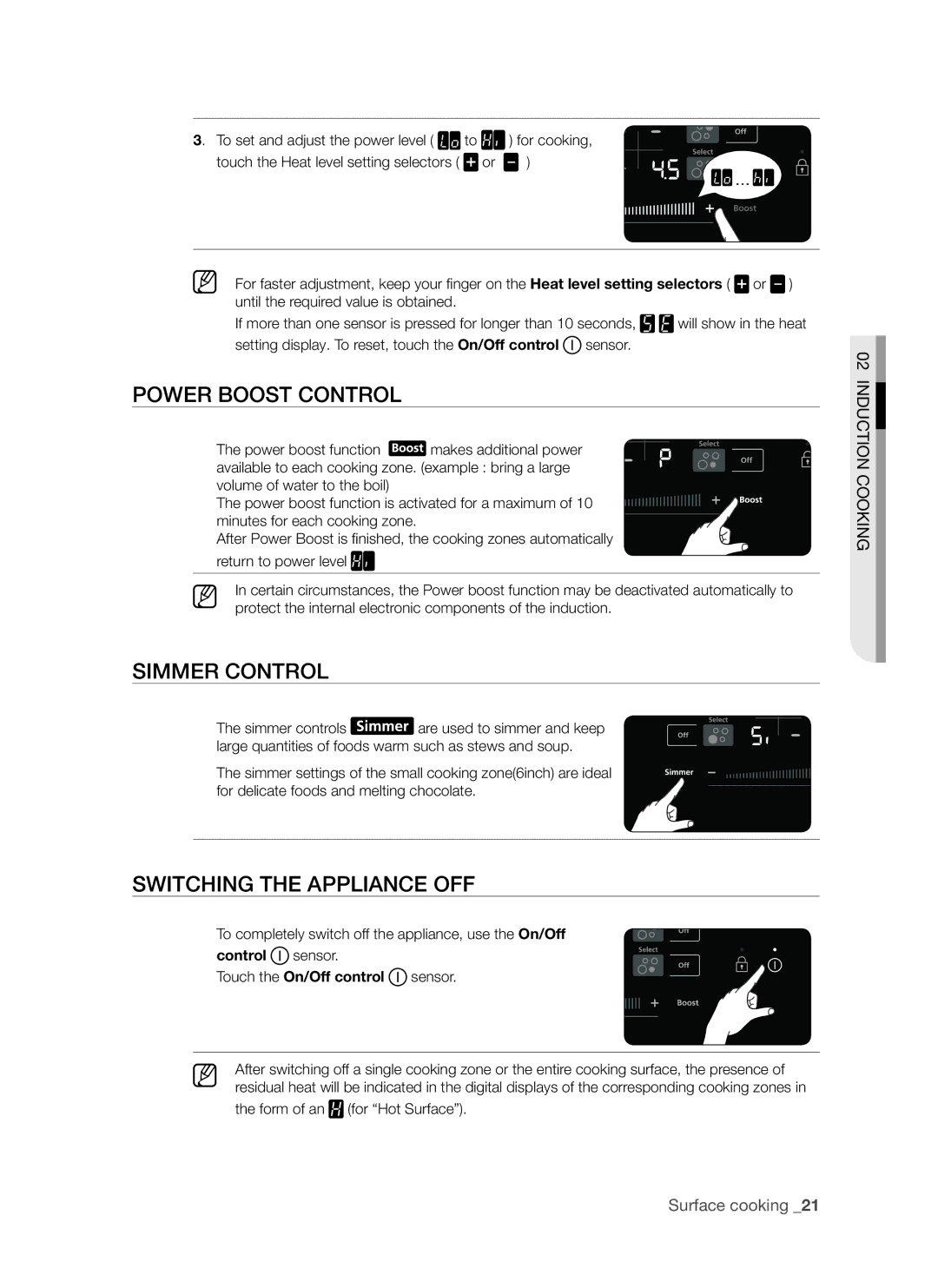 Samsung FTQ307 user manual Power boost control, Simmer Control, Switching the appliance off, Control sensor 