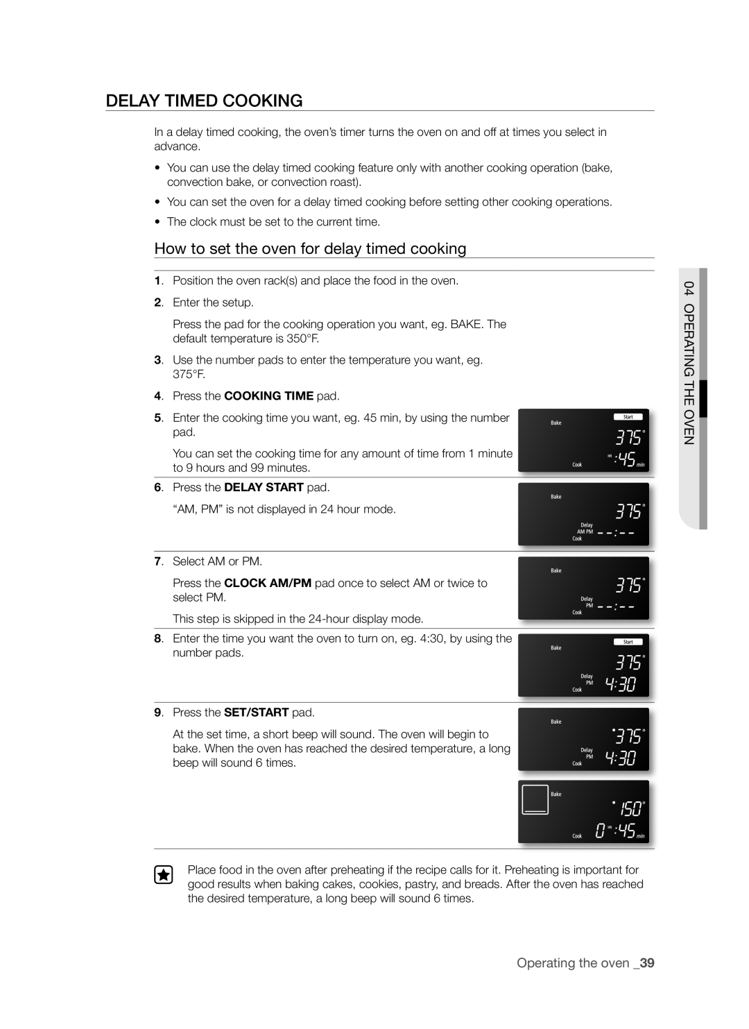 Samsung FTQ307 user manual Delay timed cooking, How to set the oven for delay timed cooking 