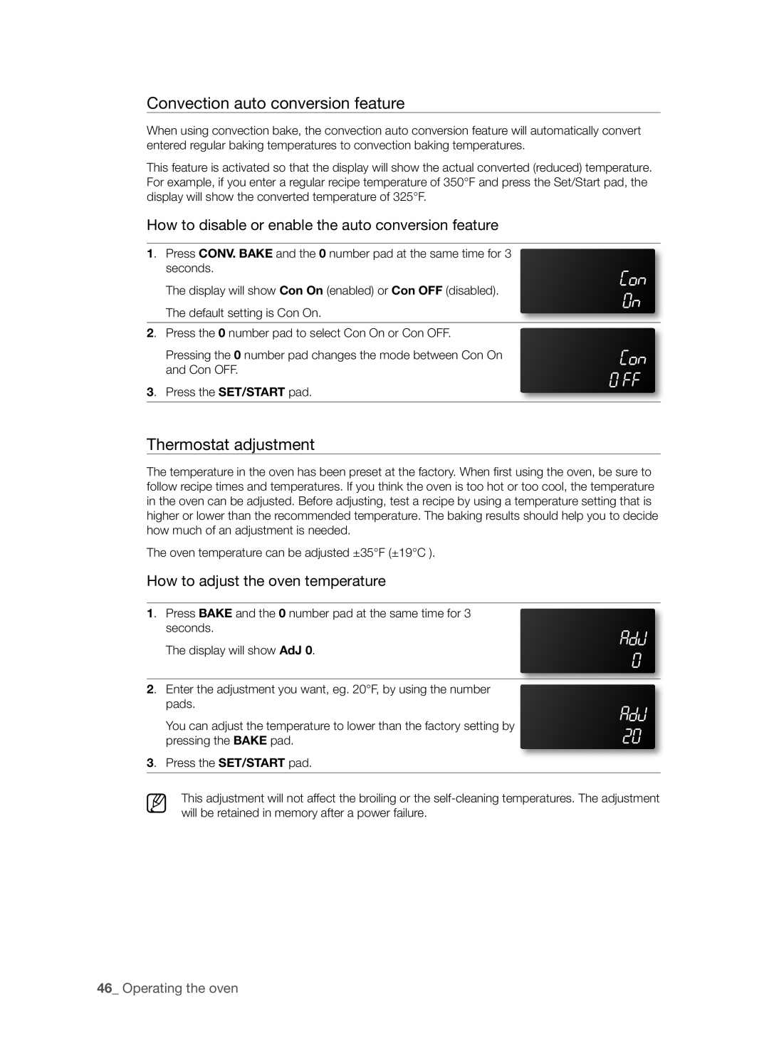 Samsung FTQ307 user manual Convection auto conversion feature, Thermostat adjustment 