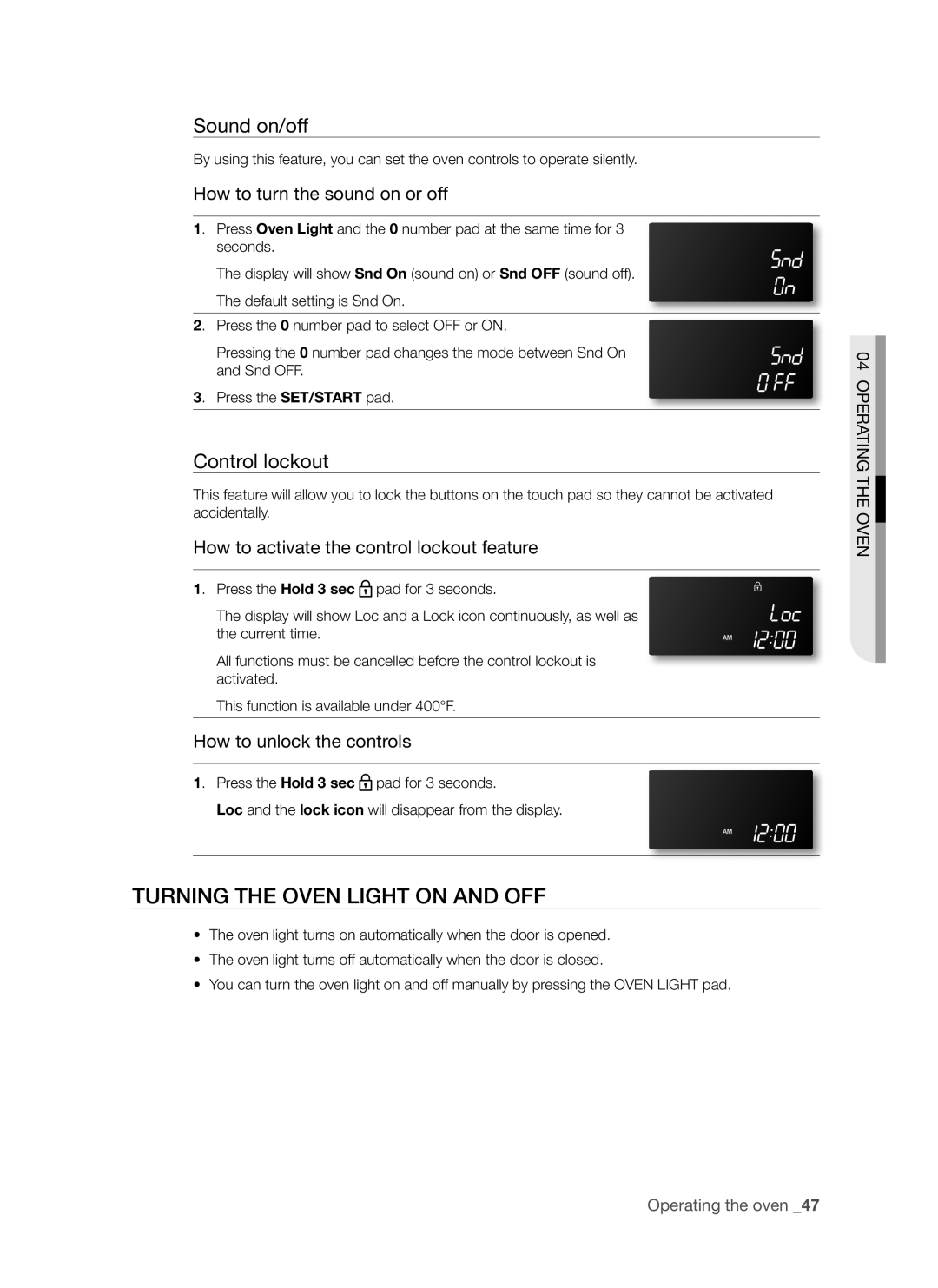 Samsung FTQ307 user manual Turning the oven light on and off, Sound on/off, Control lockout 